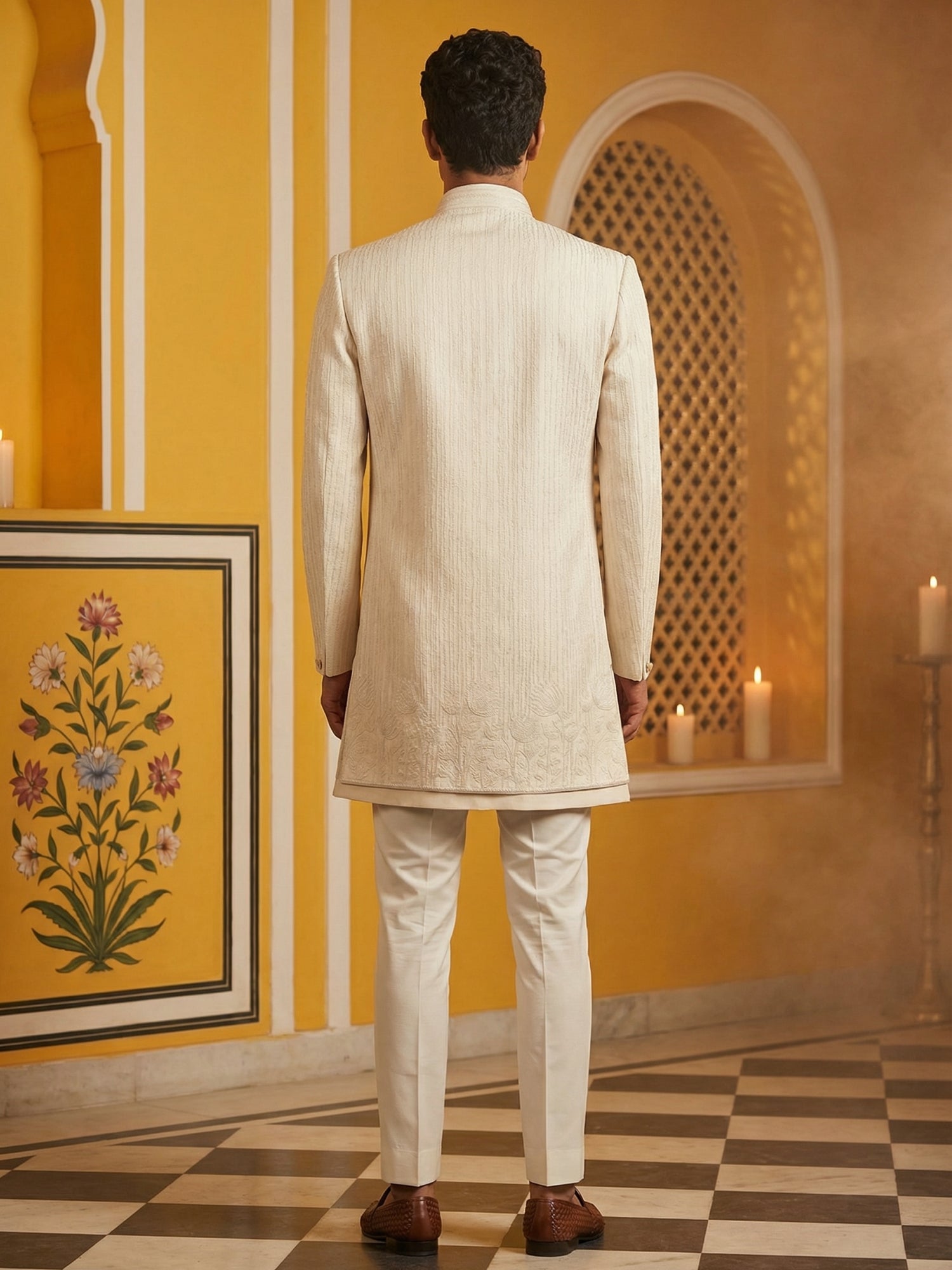 DesiQlo Men Embroidered Indo Western Set - White - 50JIND_172Off-White