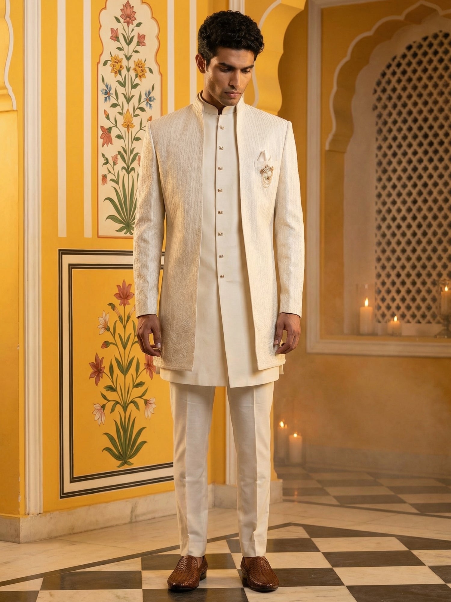 DesiQlo Men Embroidered Indo Western Set - White - 50JIND_172Off-White