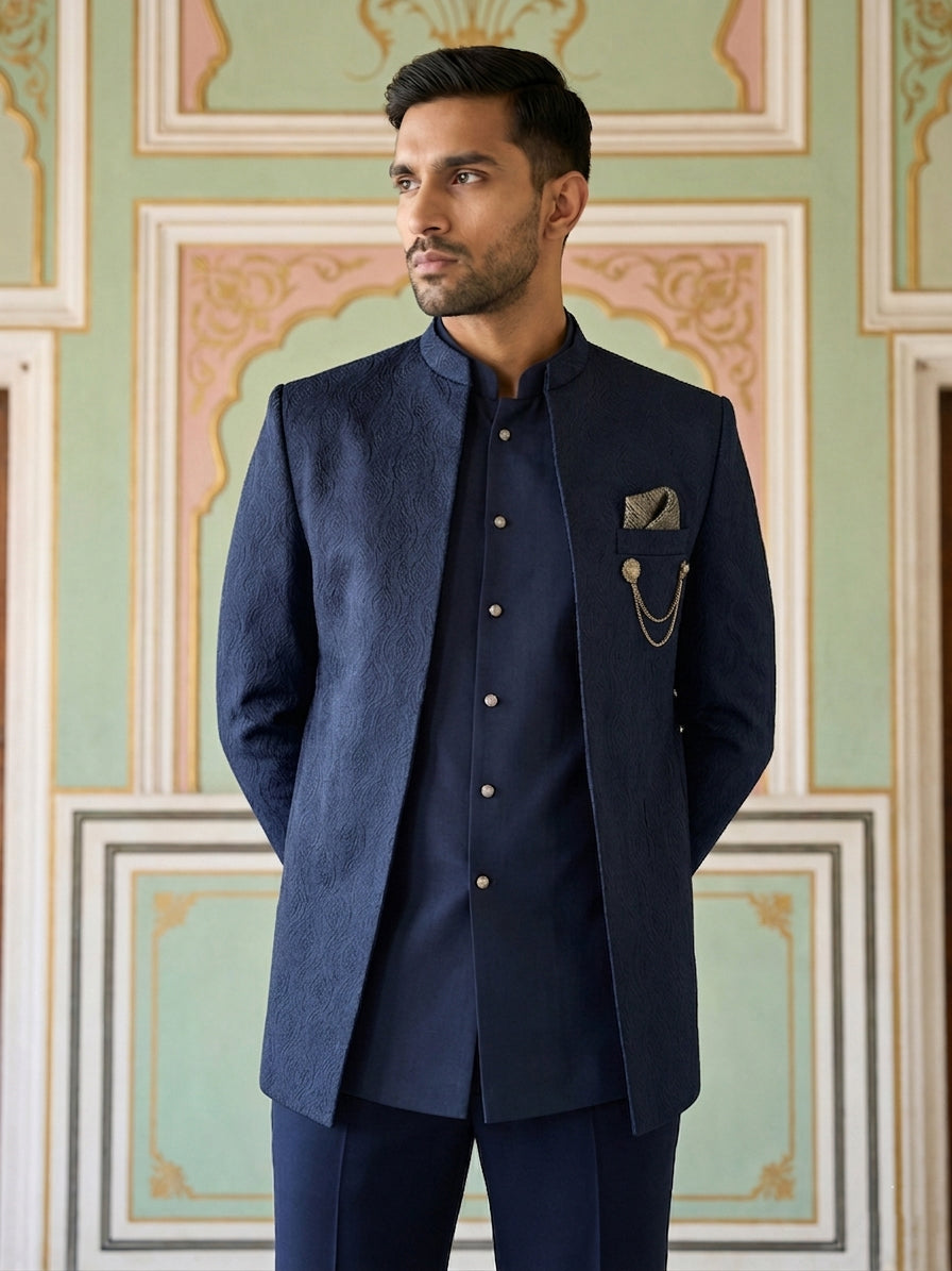 DesiQlo Men Self Design Indo Western Set - Blue - 50JIND_173Navy_S
