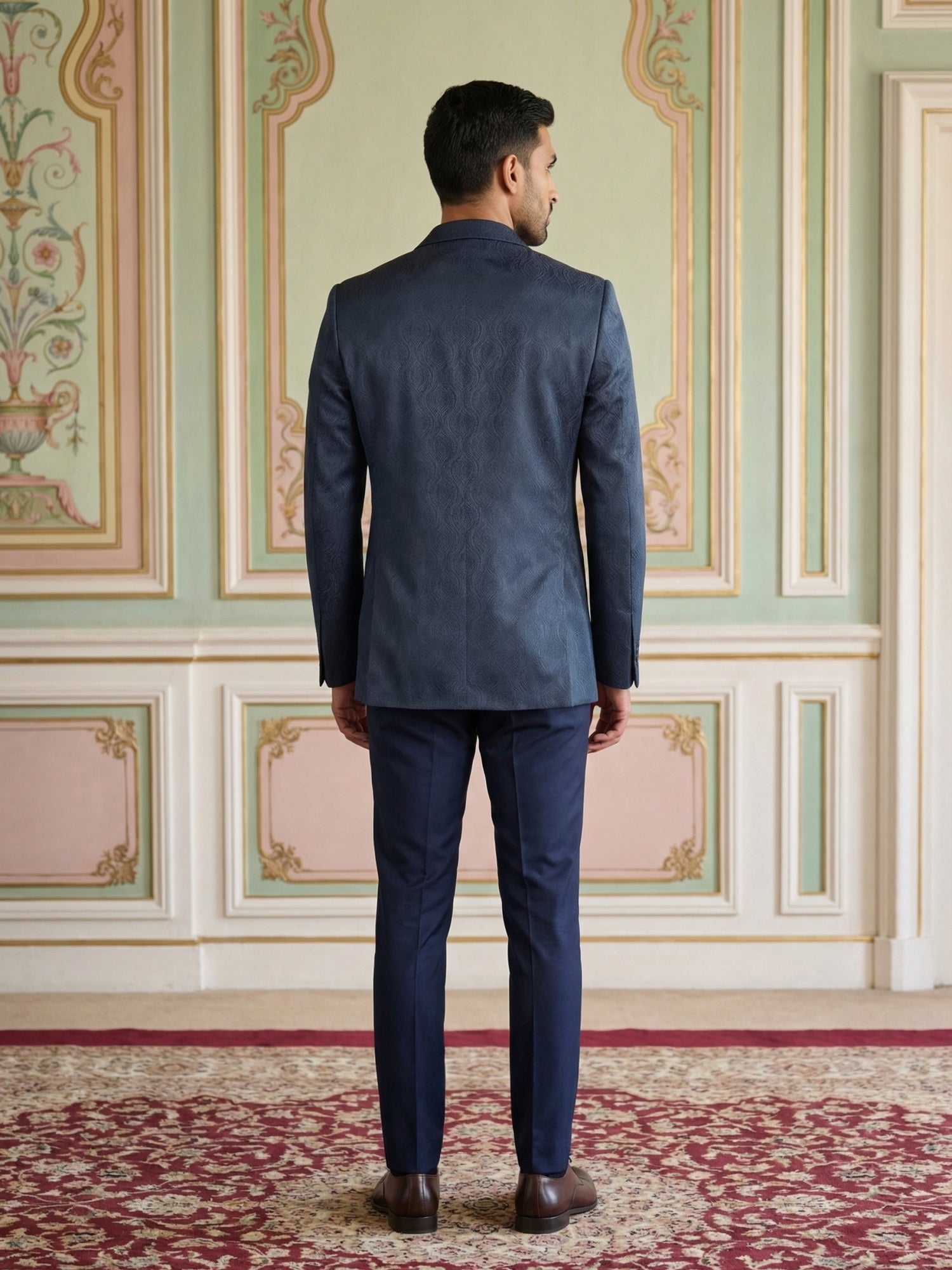 DesiQlo Men Self Design Indo Western Set - Blue - 50JIND_173Navy_S