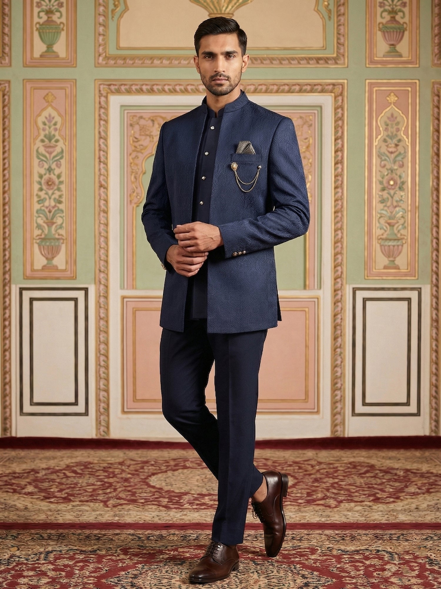 DesiQlo Men Self Design Indo Western Set - Blue - 50JIND_173Navy_S
