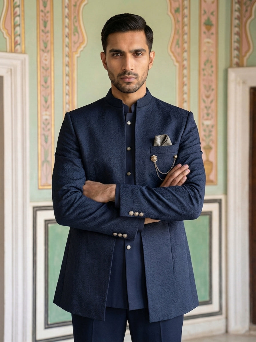 DesiQlo Men Self Design Indo Western Set - Blue - 50JIND_173Navy_S