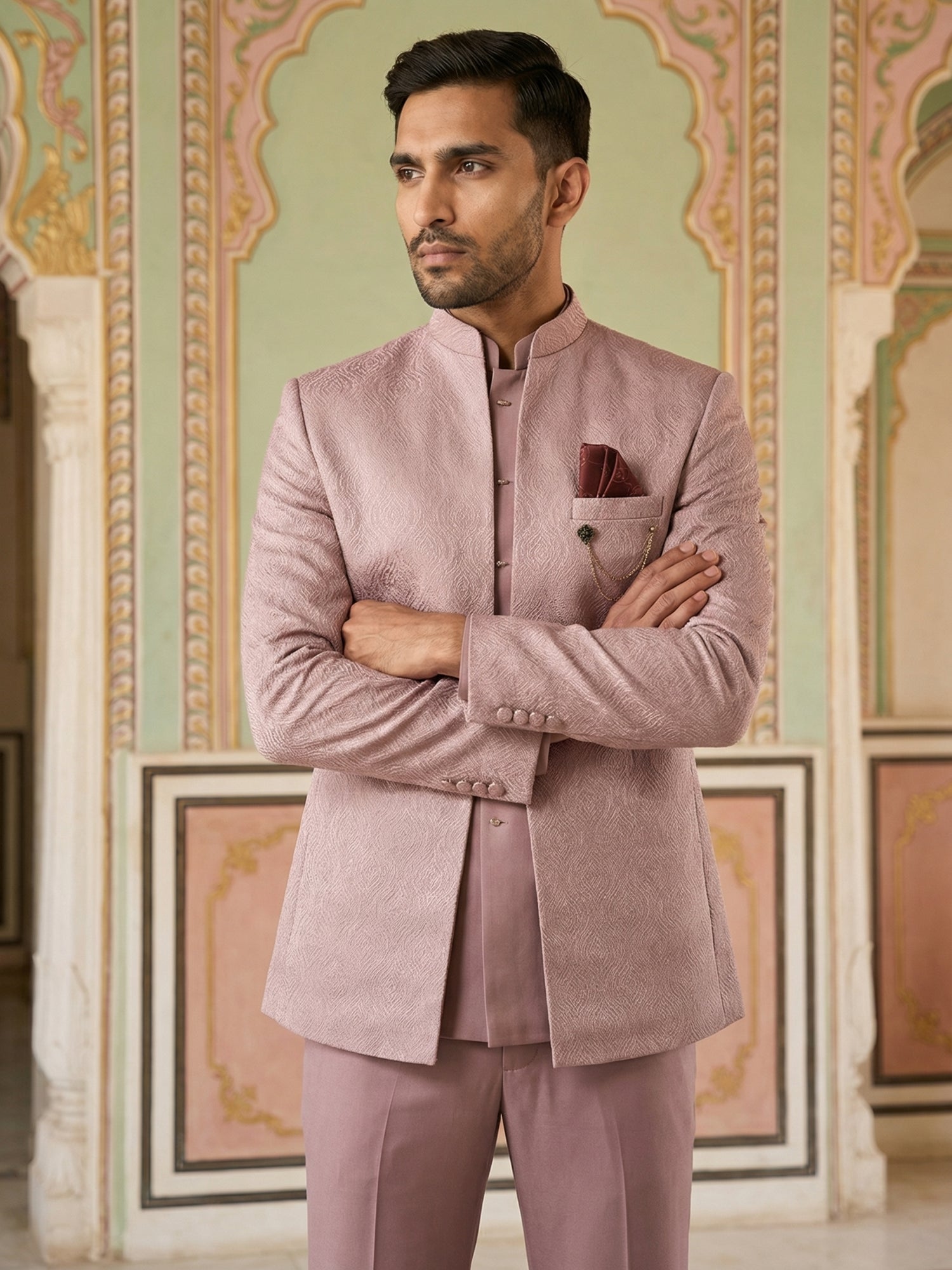 DesiQlo Men Self Design Indo Western Set - Pink - 50JIND_173Pink_S