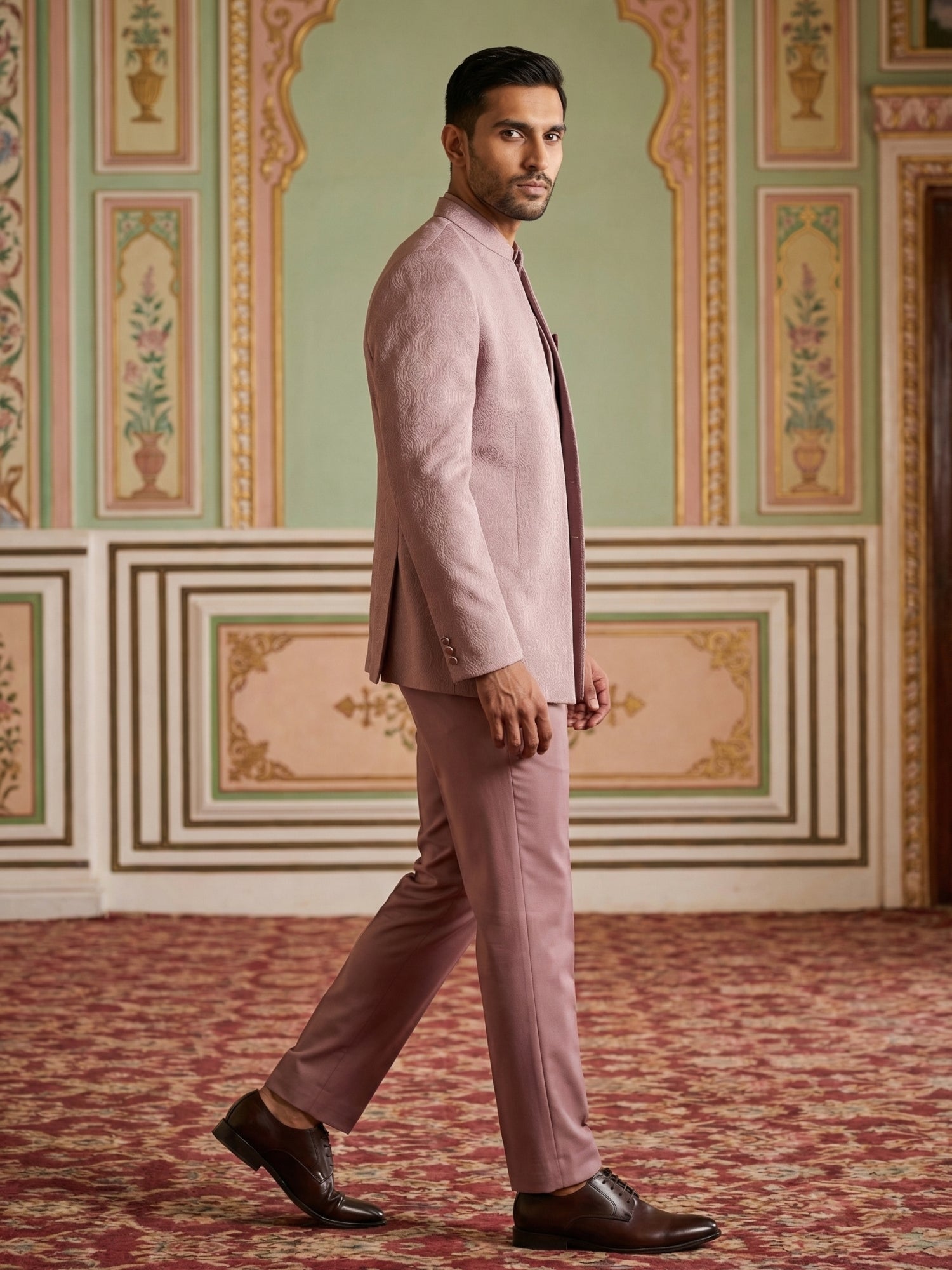 DesiQlo Men Self Design Indo Western Set - Pink - 50JIND_173Pink_S