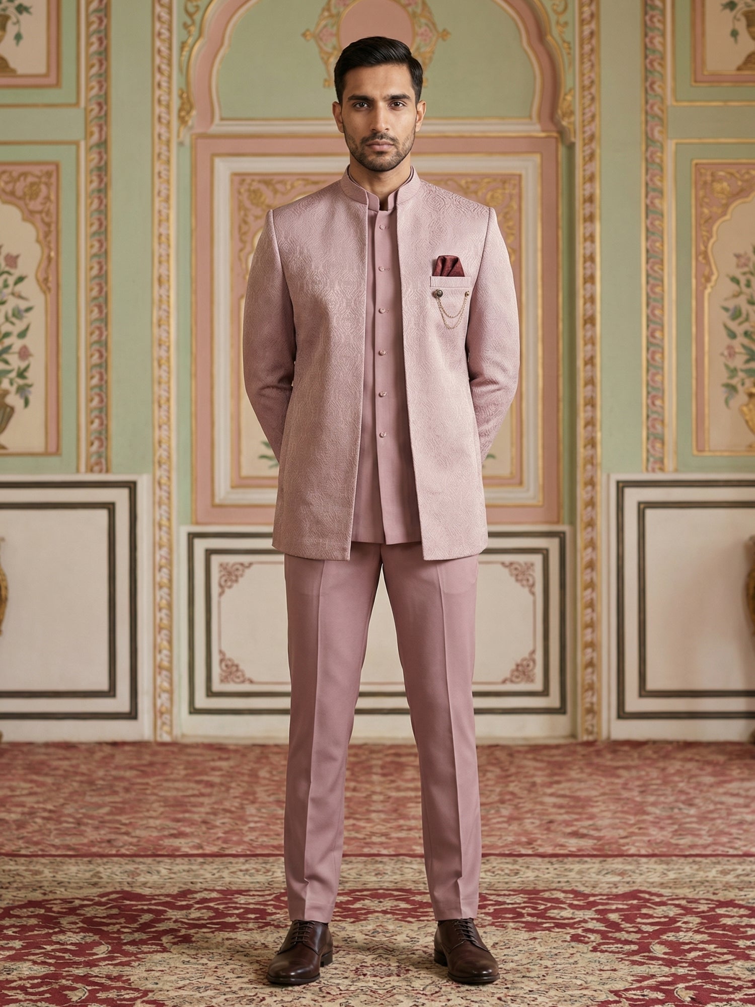 DesiQlo Men Self Design Indo Western Set - Pink - 50JIND_173Pink_S