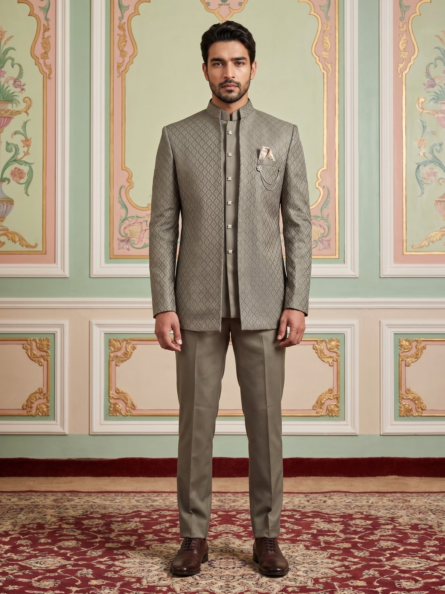 DesiQlo Men Self Design Indo Western Set - Brown