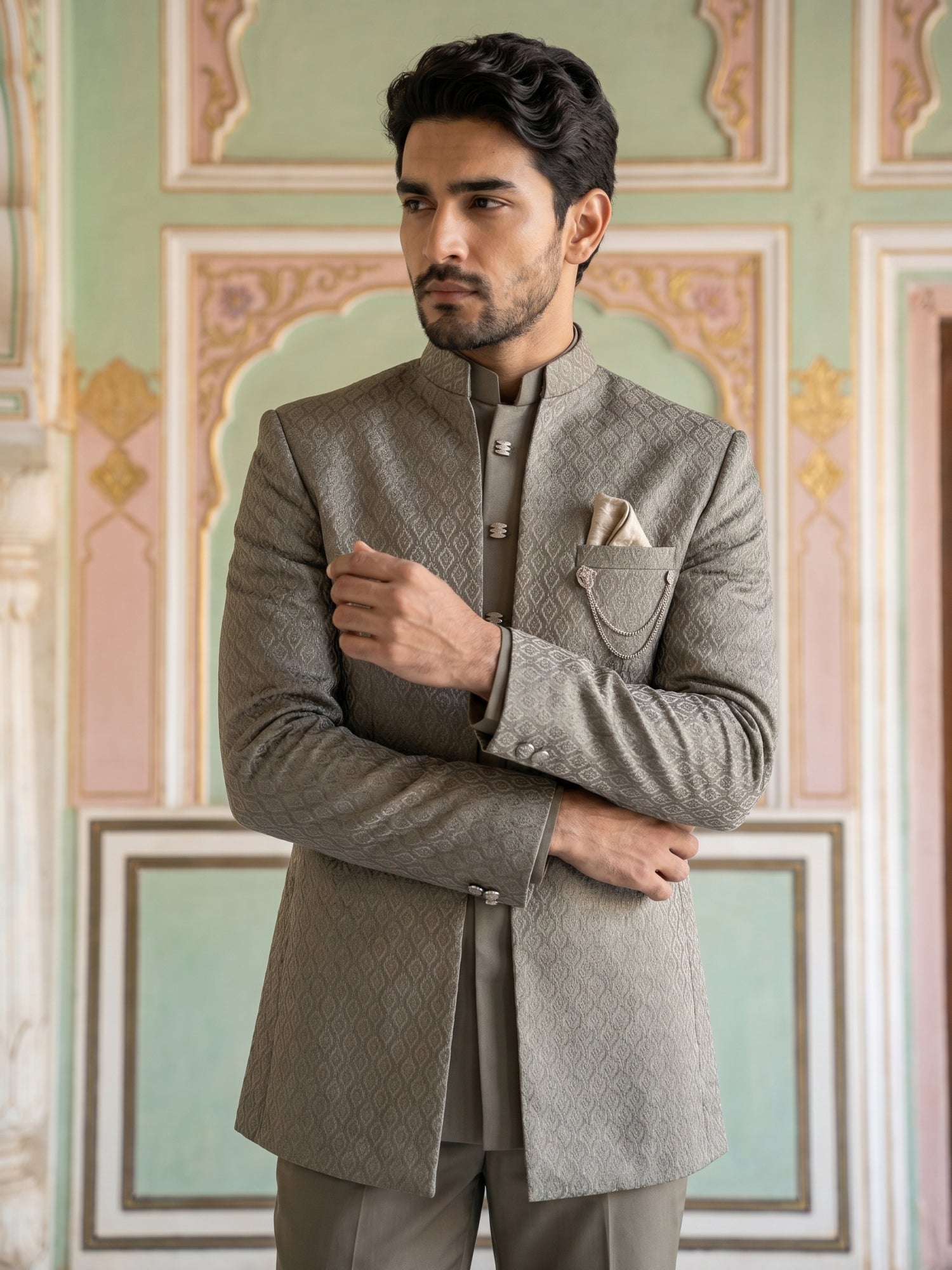 DesiQlo Men Self Design Indo Western Set - Brown
