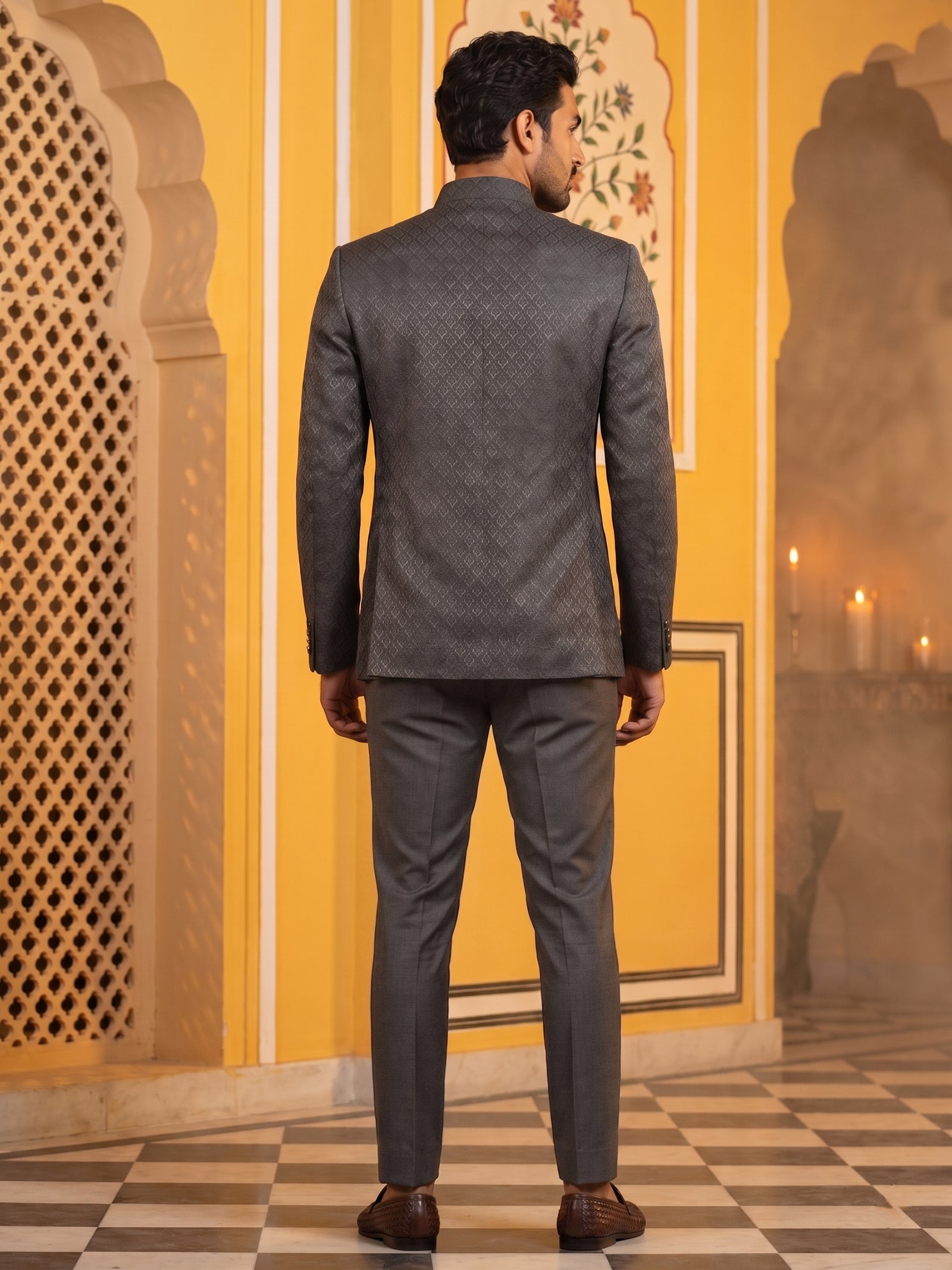 DesiQlo Men Self Design Indo Western Set - Grey - 50JIND_174Grey_S