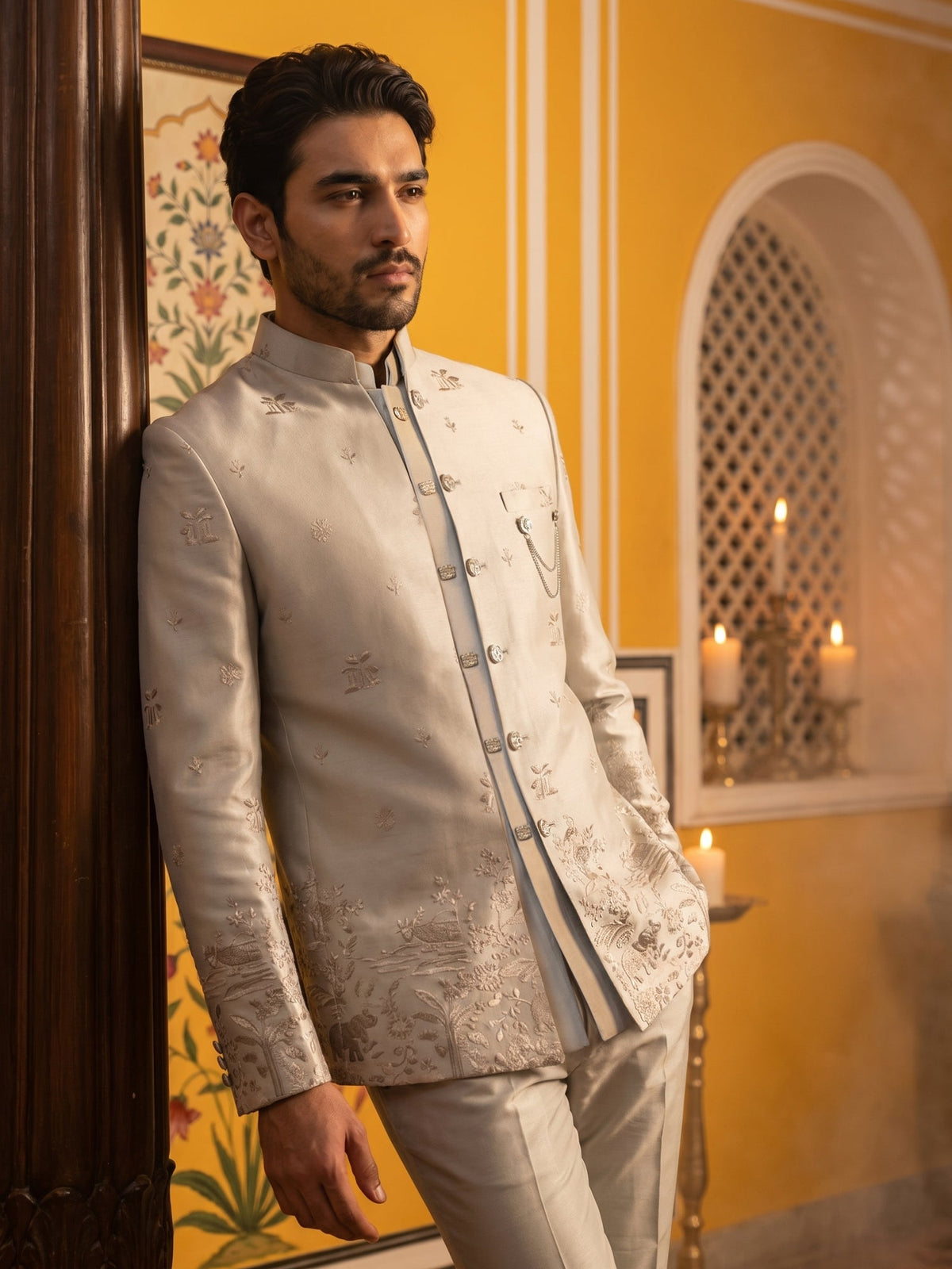Ivory Embroidered Indo-Western Set ( 50JIND 175Cream )
