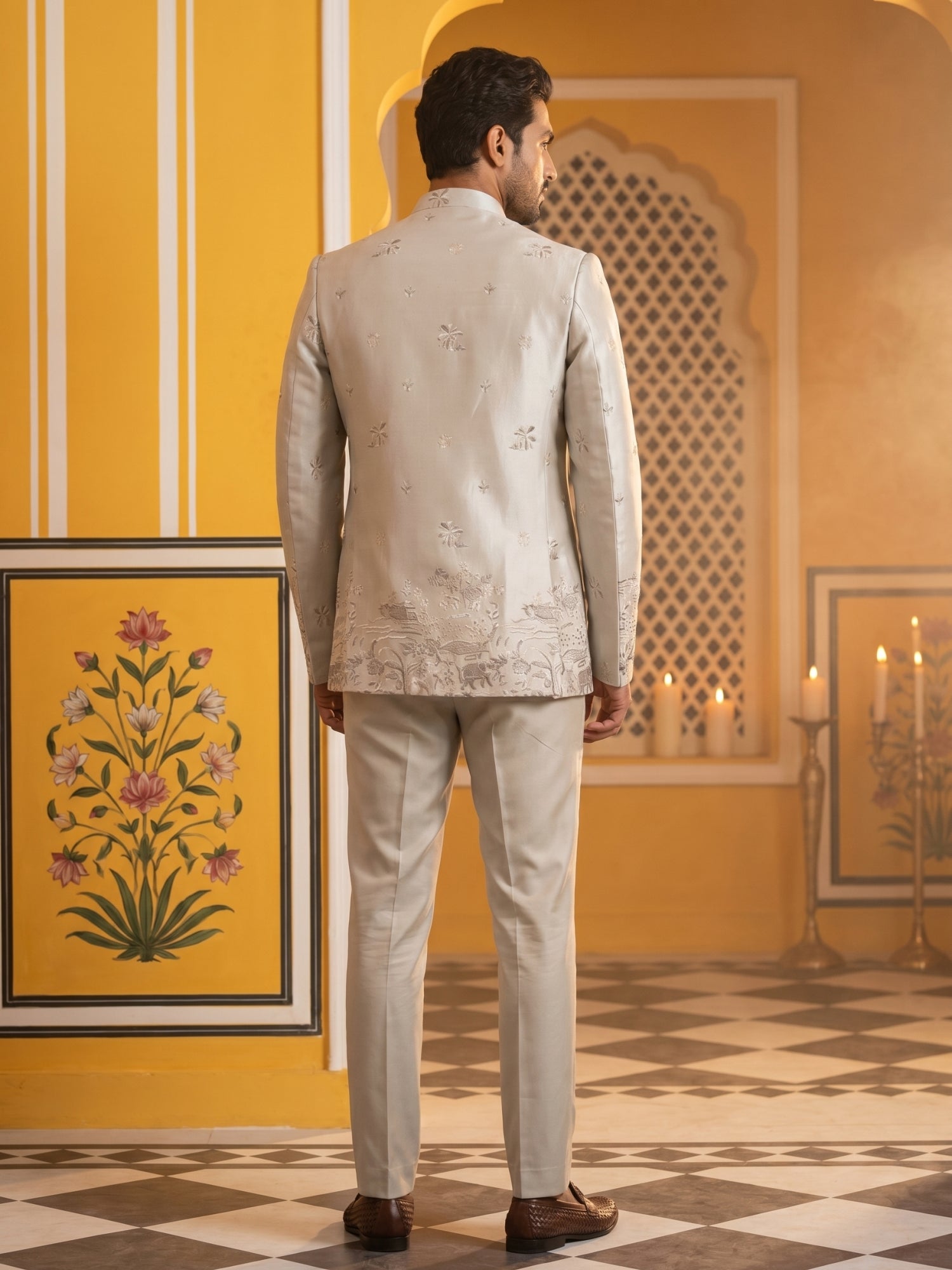 DesiQlo Men Embroidered Indo Western Set - Beige - 50JIND_175Cream_S