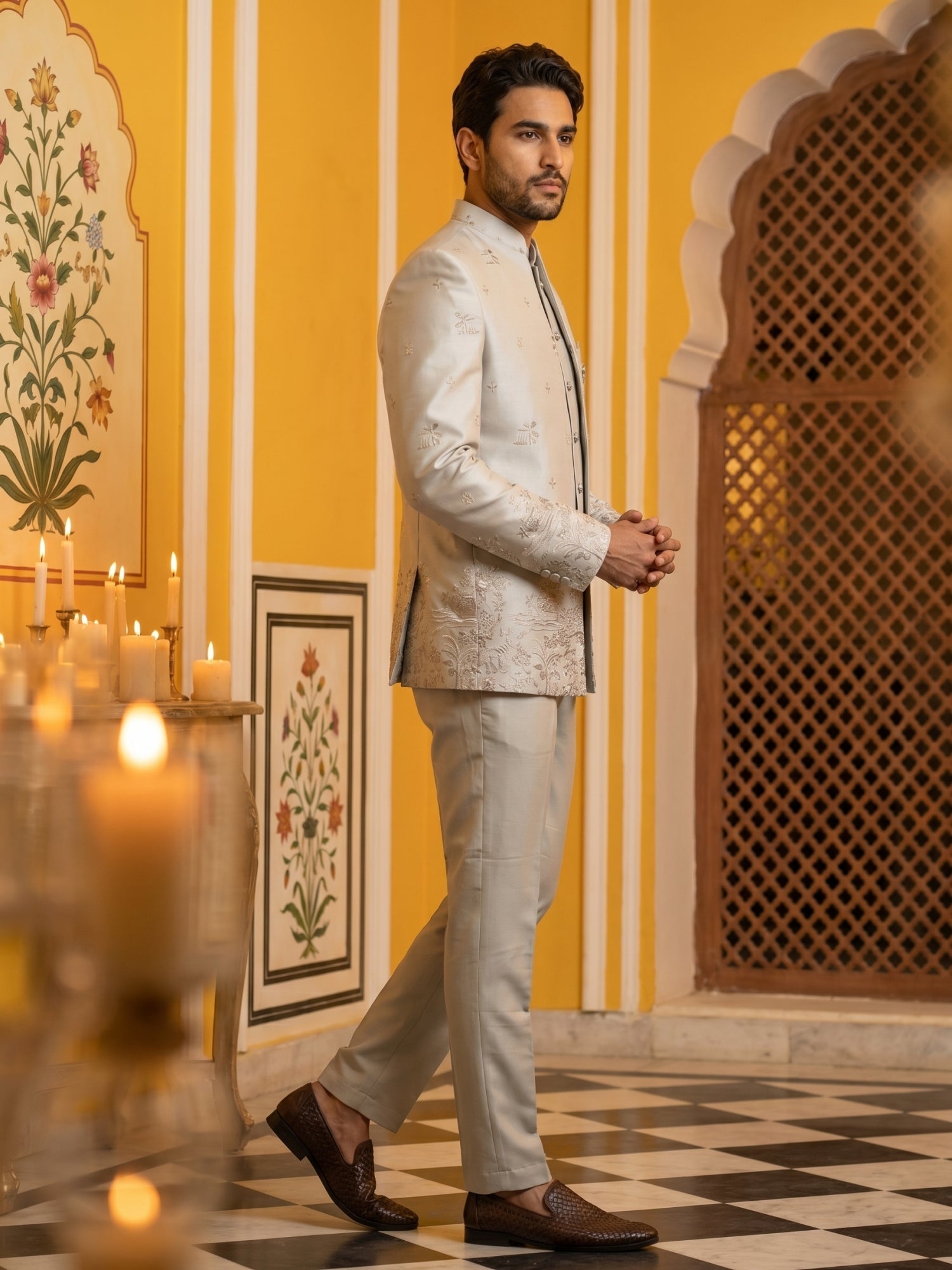 DesiQlo Men Embroidered Indo Western Set - Beige - 50JIND_175Cream_S