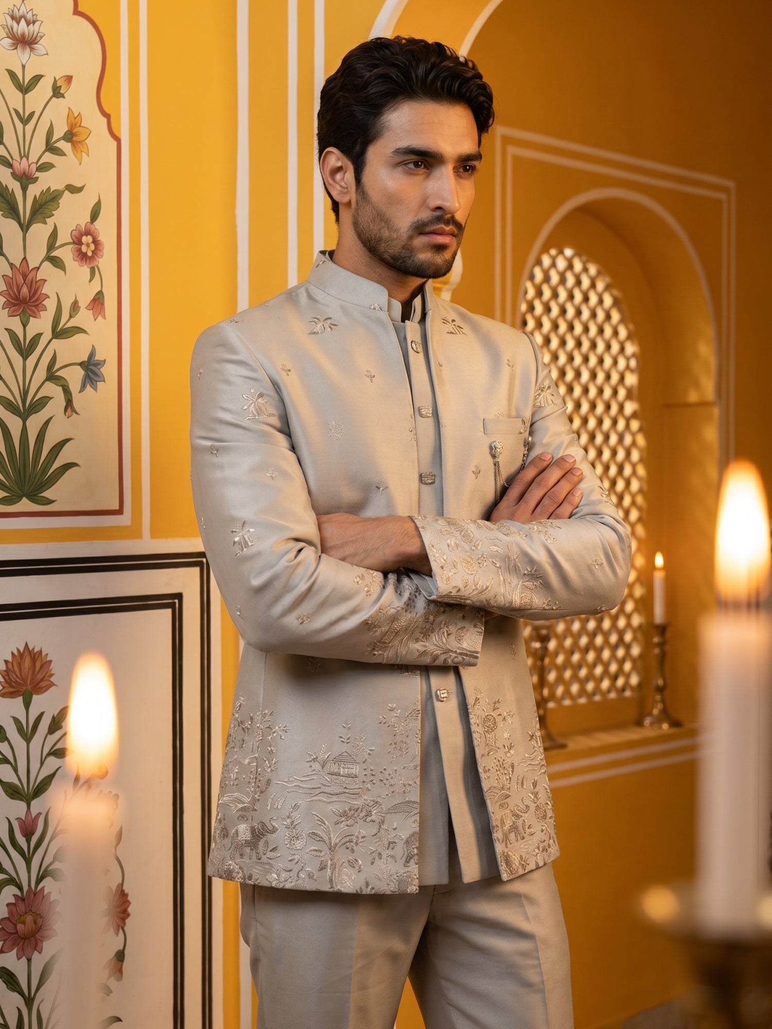 DesiQlo Men Embroidered Indo Western Set - Beige - 50JIND_175Cream_S