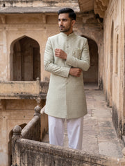 Sage Green Jacquard Silk Indo-Western Set ( 50JIND 176Pista )
