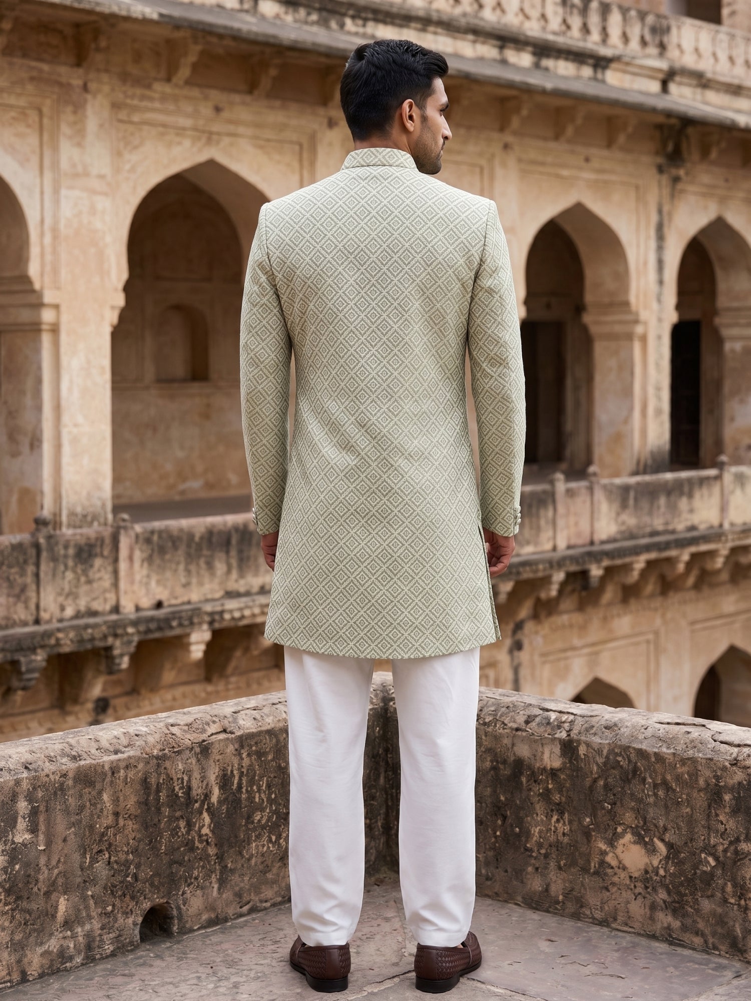 DesiQlo Men Self Design Indo Western Set - Green