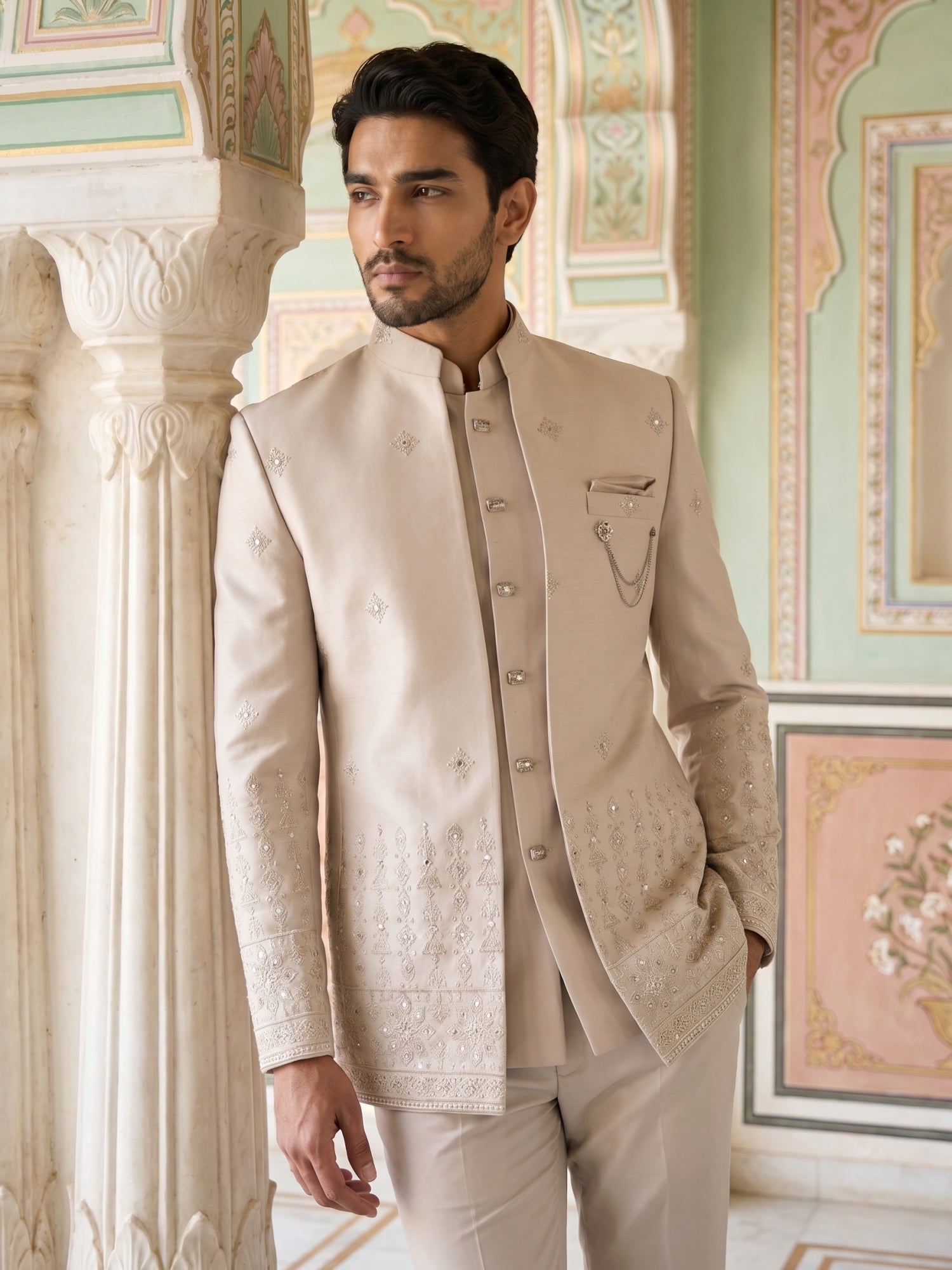 DesiQlo Men Embroidered Indo Western Set - Beige - 50JIND_177Cream_S