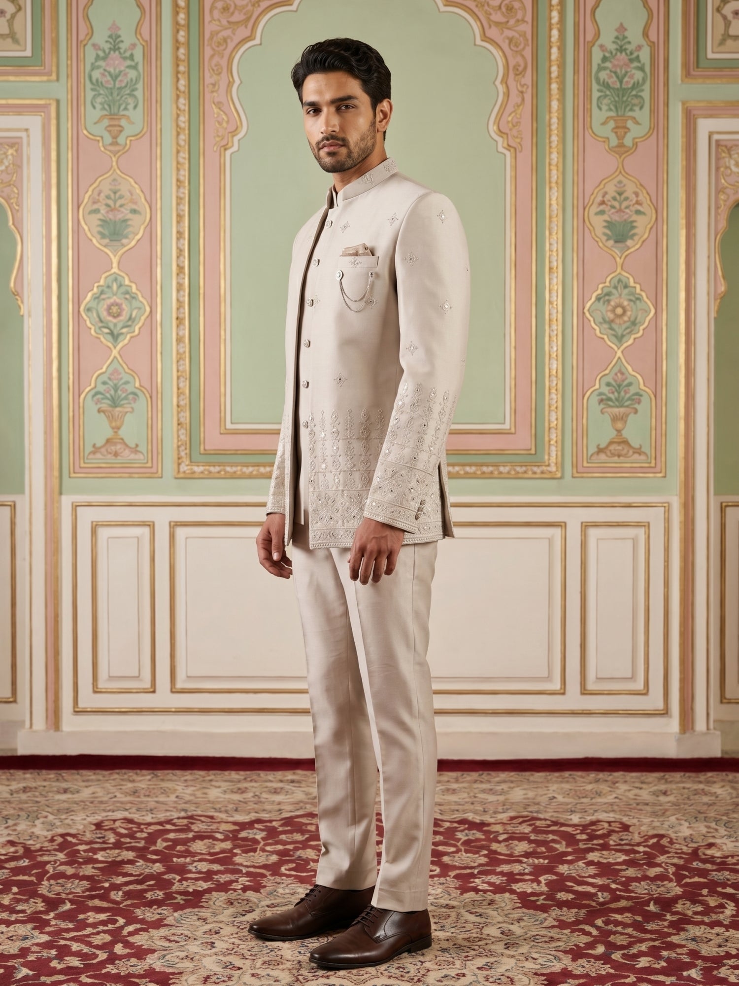 DesiQlo Men Embroidered Indo Western Set - Beige - 50JIND_177Cream_S