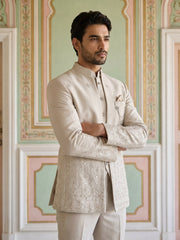 Ivory Embroidered Cotton Blend Indo-Western Set ( 50JIND 177Cream )