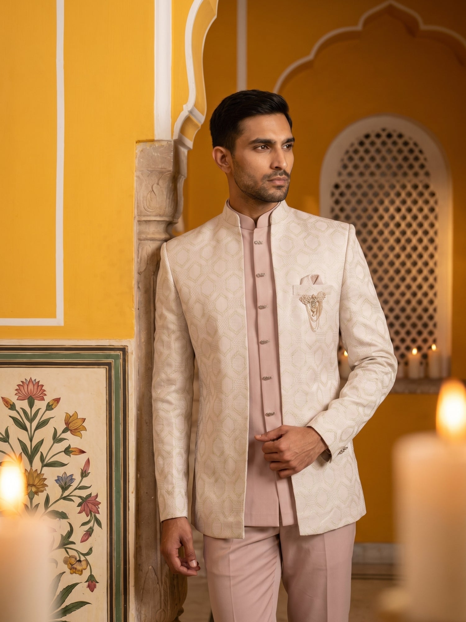 DesiQlo Men Self Design Indo Western Set - Pink - 50JIIND_178Magenta_S