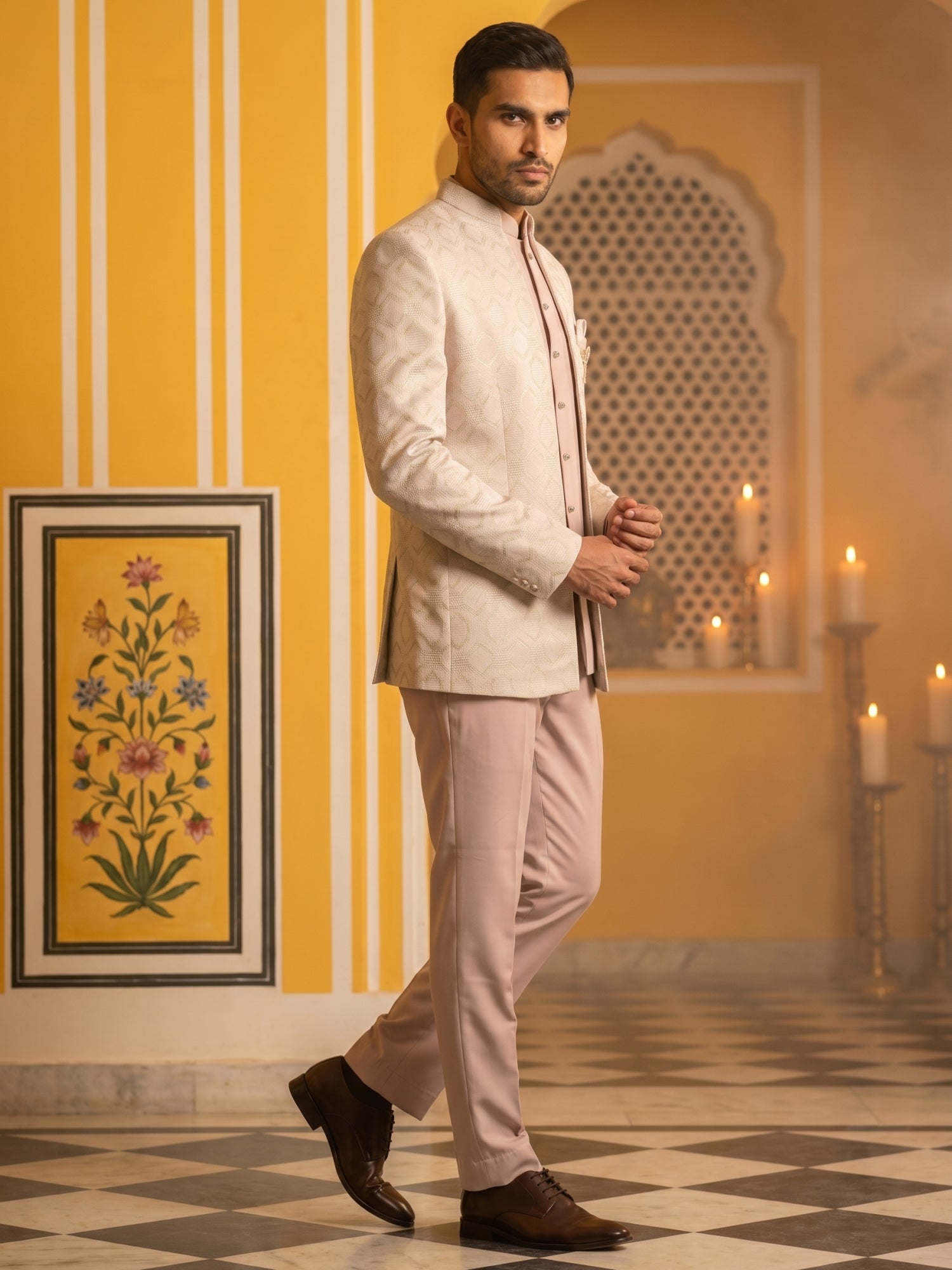 DesiQlo Men Self Design Indo Western Set - Pink - 50JIIND_178Magenta_S