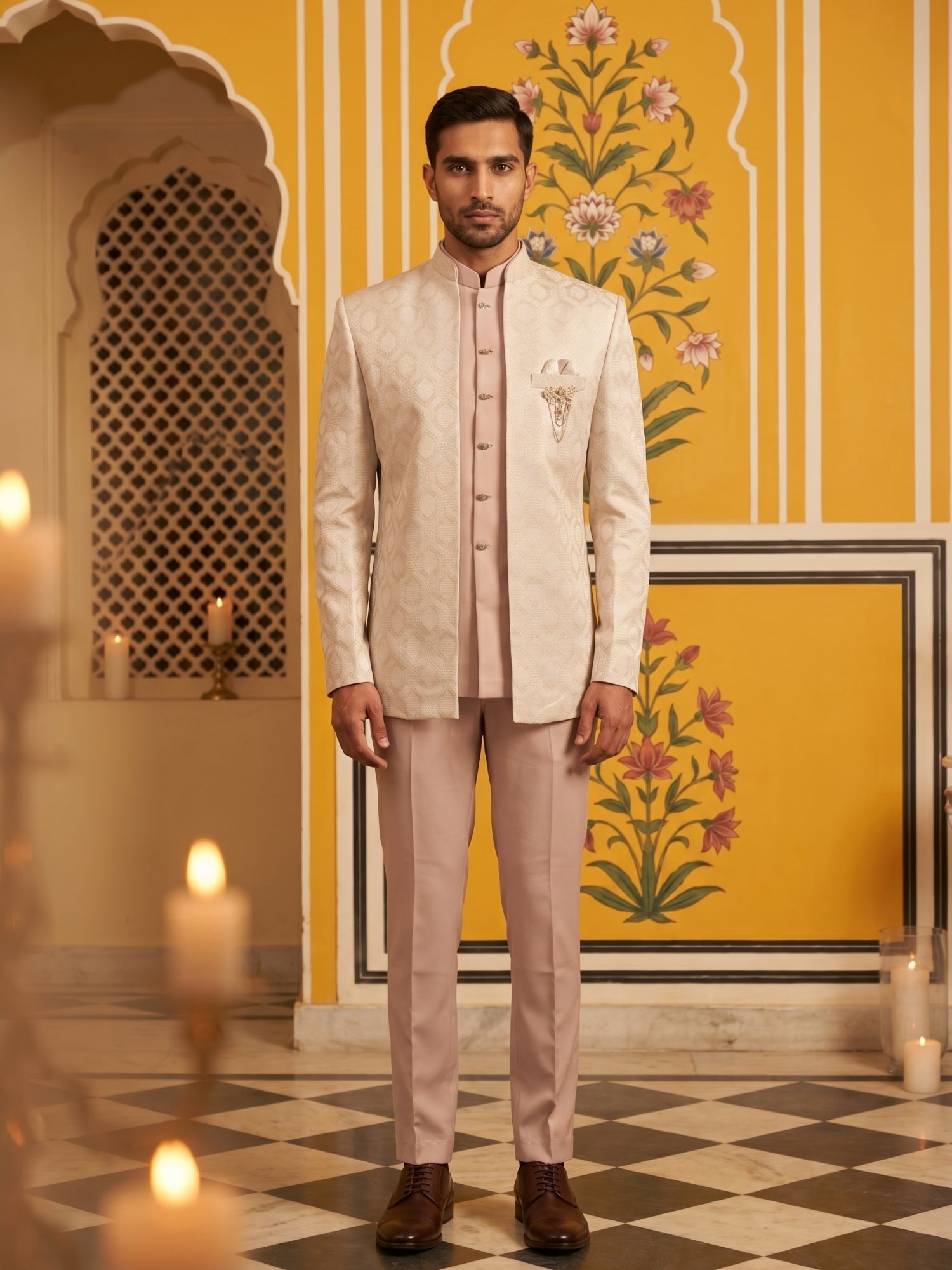 DesiQlo Men Self Design Indo Western Set - Pink - 50JIIND_178Magenta_S