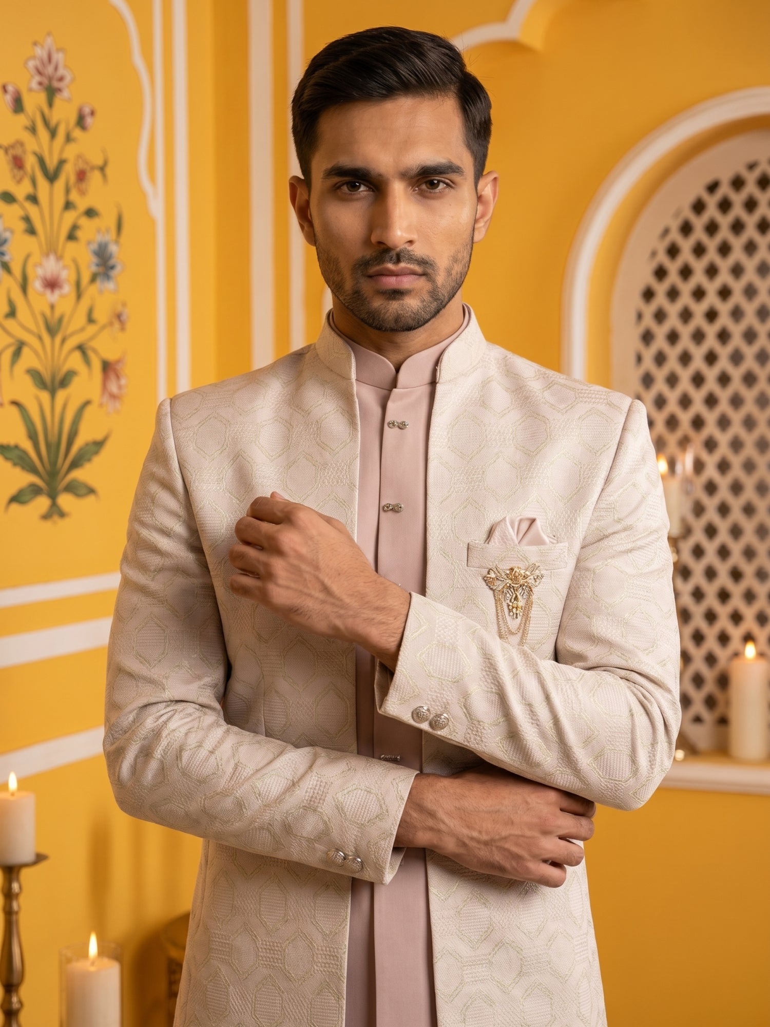 DesiQlo Men Self Design Indo Western Set - Pink - 50JIIND_178Magenta_S