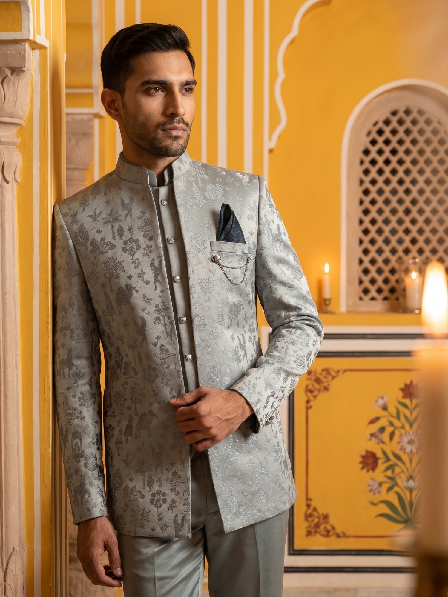 DesiQlo Men Self Design Indo Western Set - Blue - 50JIND_179Blue_S