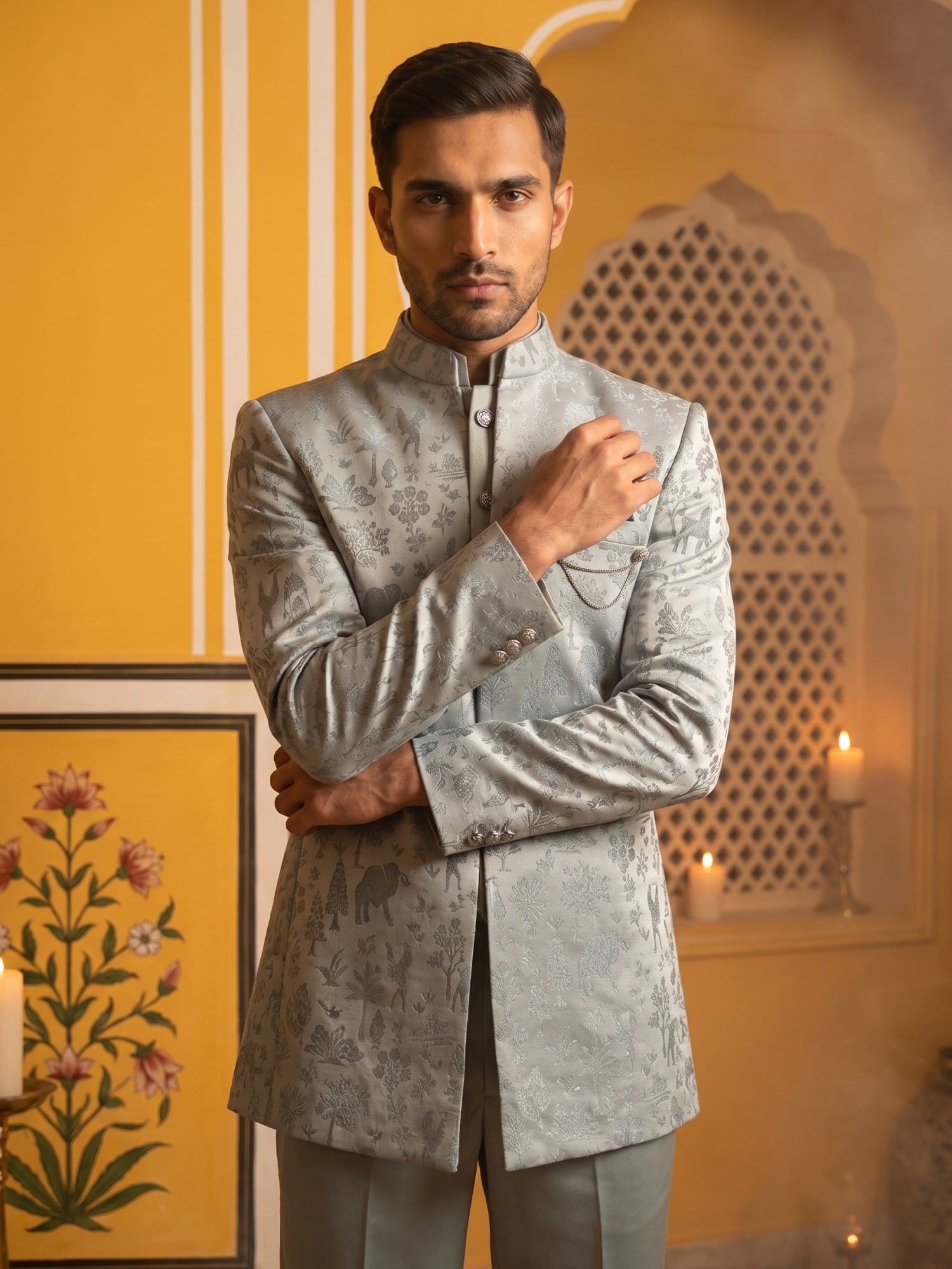 DesiQlo Men Self Design Indo Western Set - Blue - 50JIND_179Blue_S