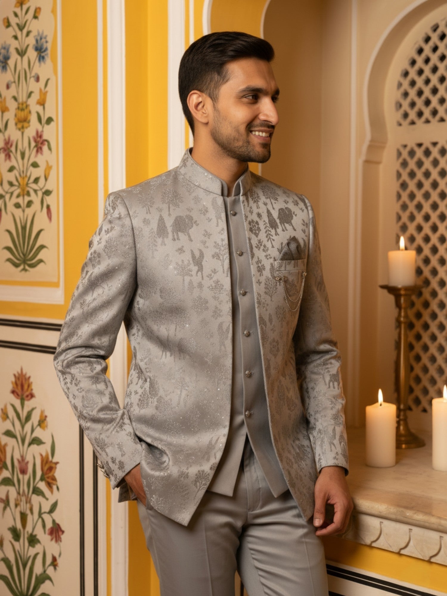 DesiQlo Men Self Design Indo Western Set - Grey - 50JIND_179Grey_S