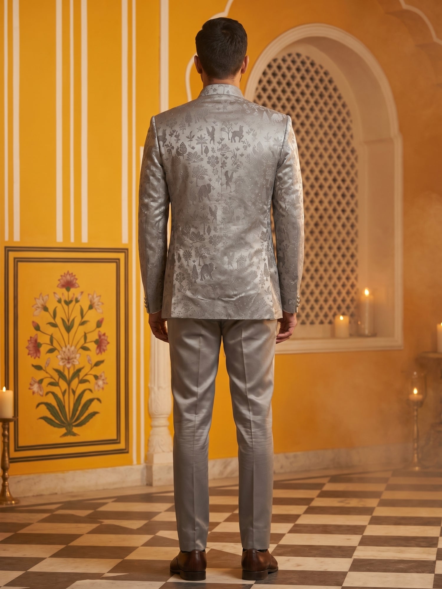DesiQlo Men Self Design Indo Western Set - Grey - 50JIND_179Grey_S