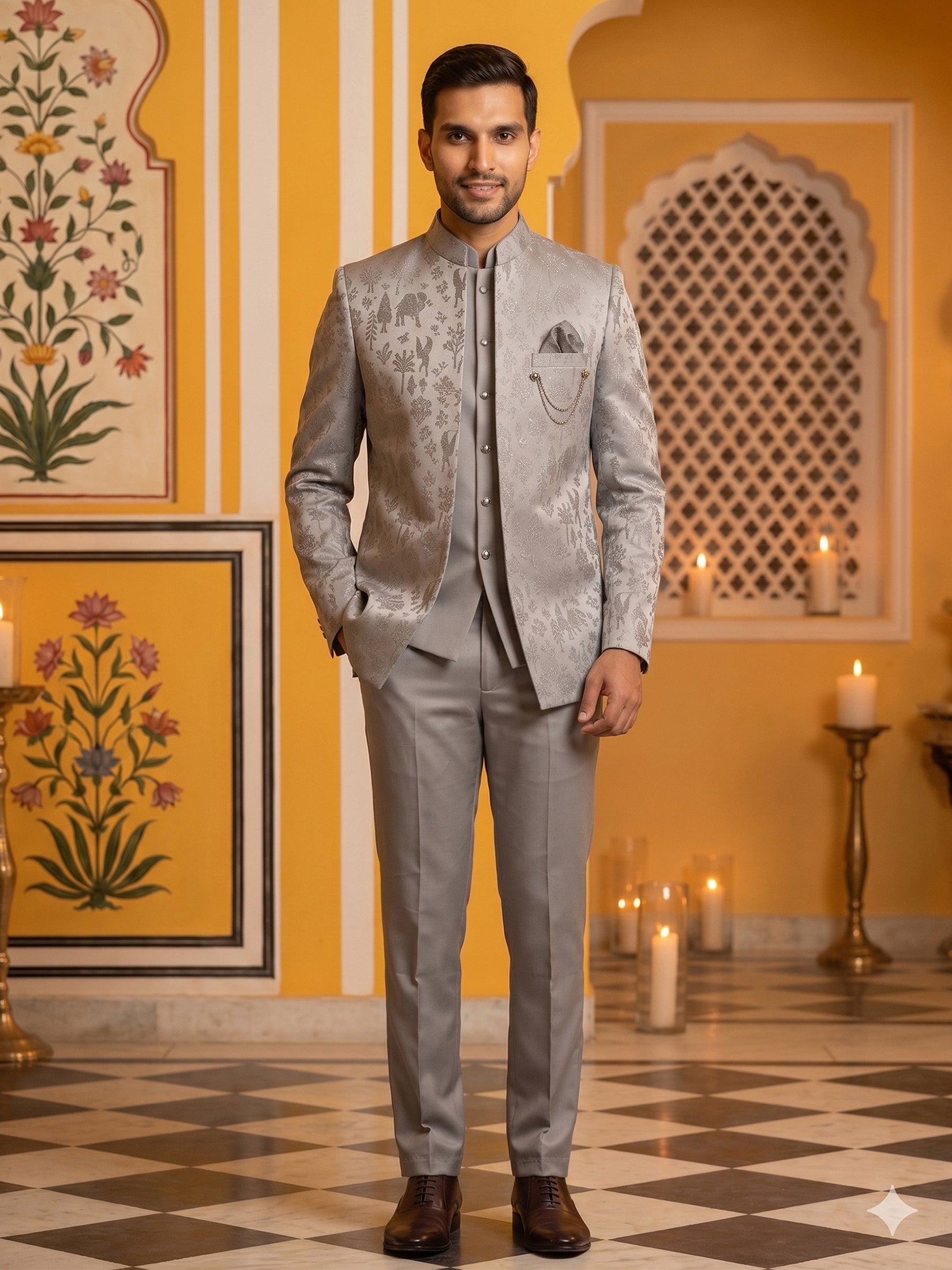 DesiQlo Men Self Design Indo Western Set - Grey - 50JIND_179Grey_S