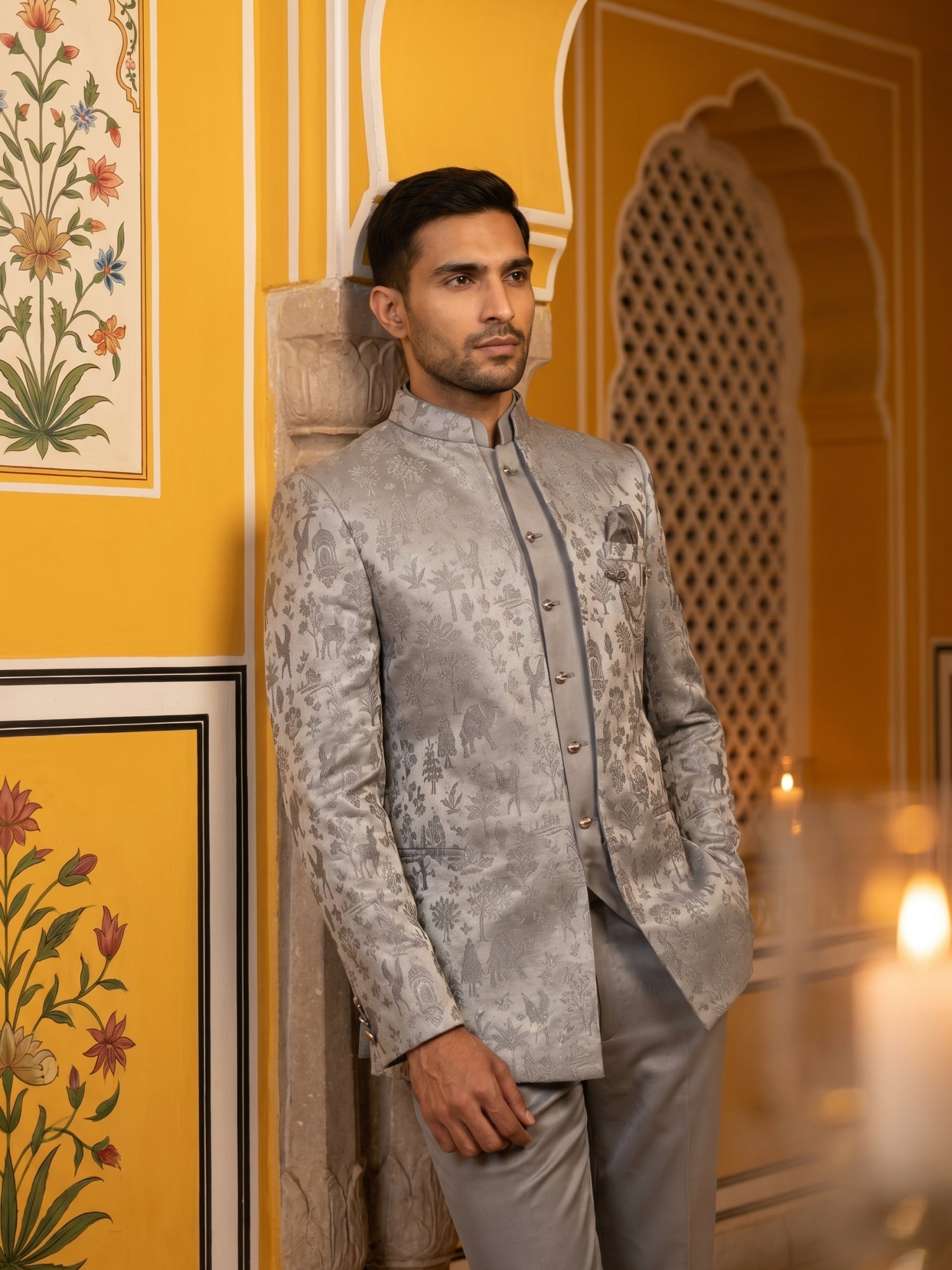 DesiQlo Men Self Design Indo Western Set - Grey - 50JIND_179Grey_S