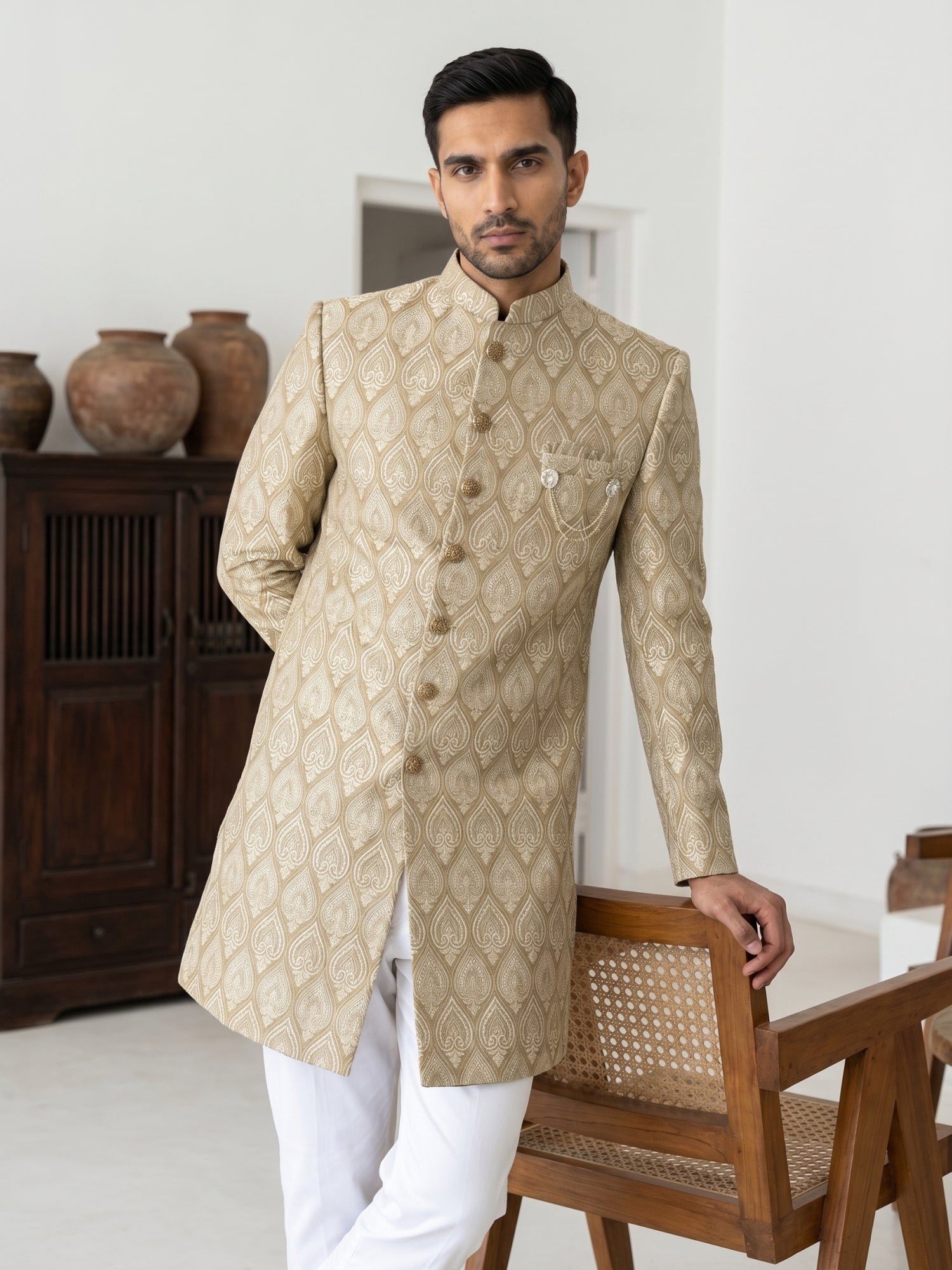 DesiQlo Men Self Design Indo Western Set - Beige - 50JIND_PJ5W_180Beig
