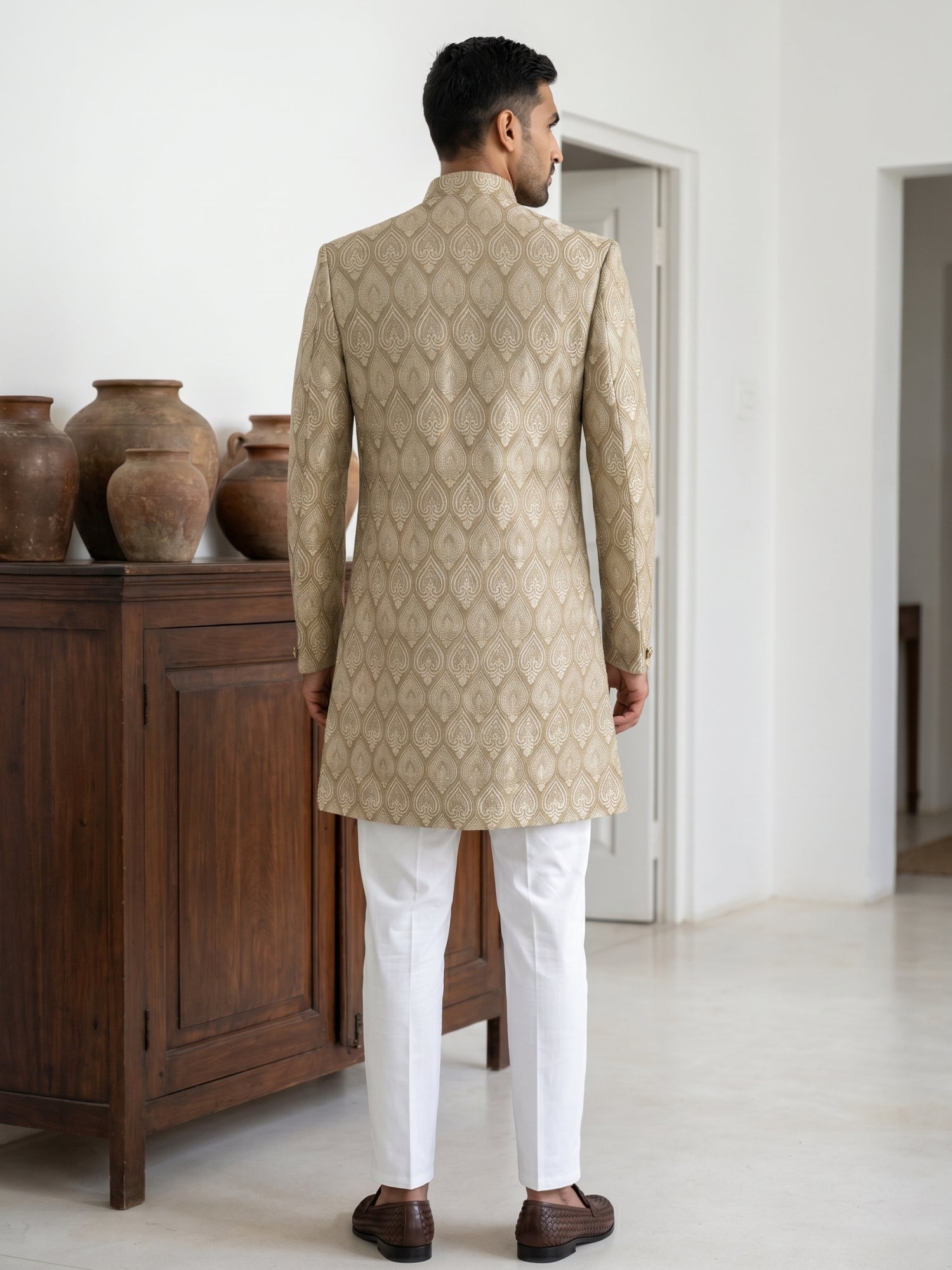 DesiQlo Men Self Design Indo Western Set - Beige - 50JIND_PJ5W_180Beig