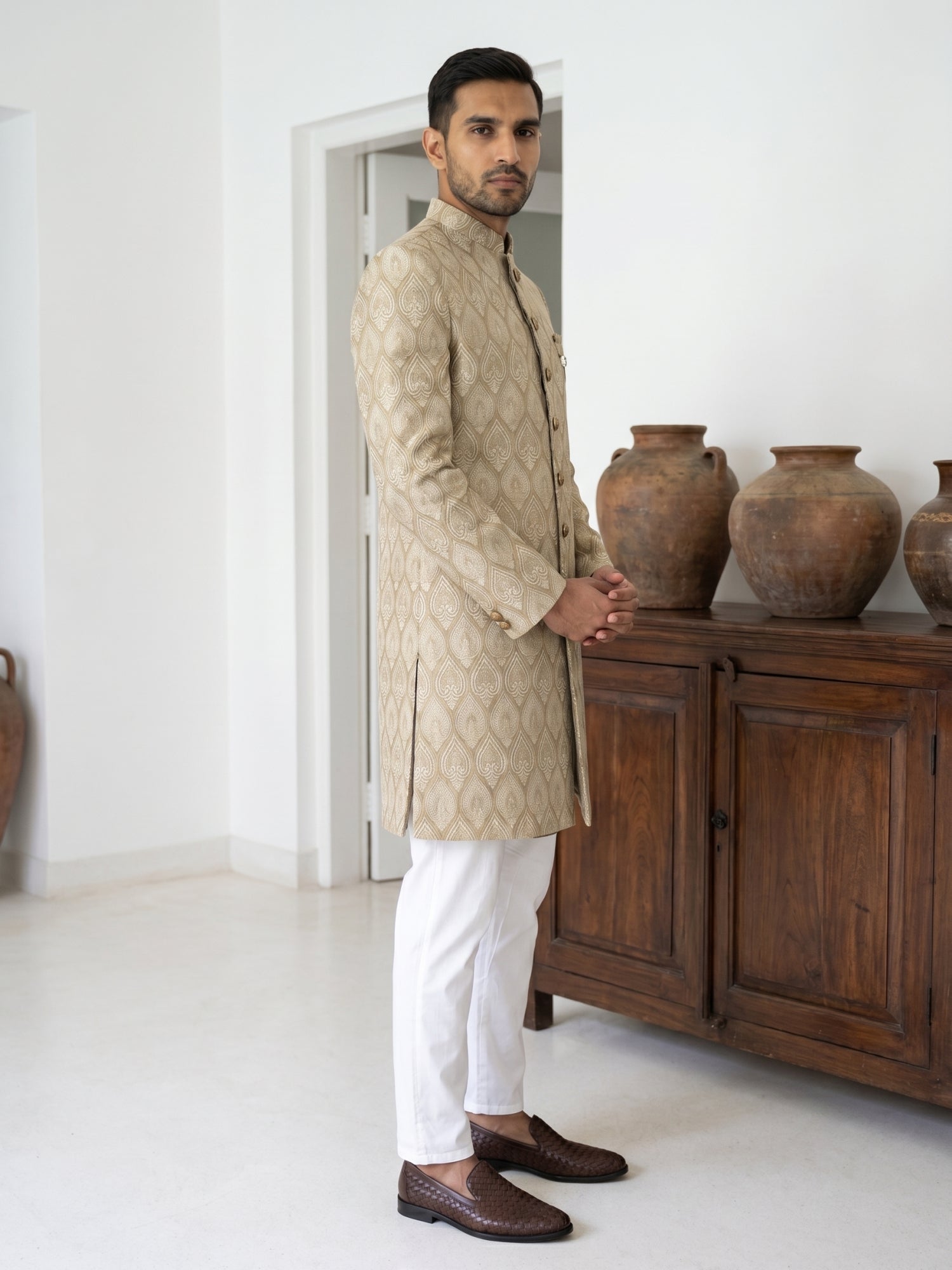 DesiQlo Men Self Design Indo Western Set - Beige - 50JIND_PJ5W_180Beig