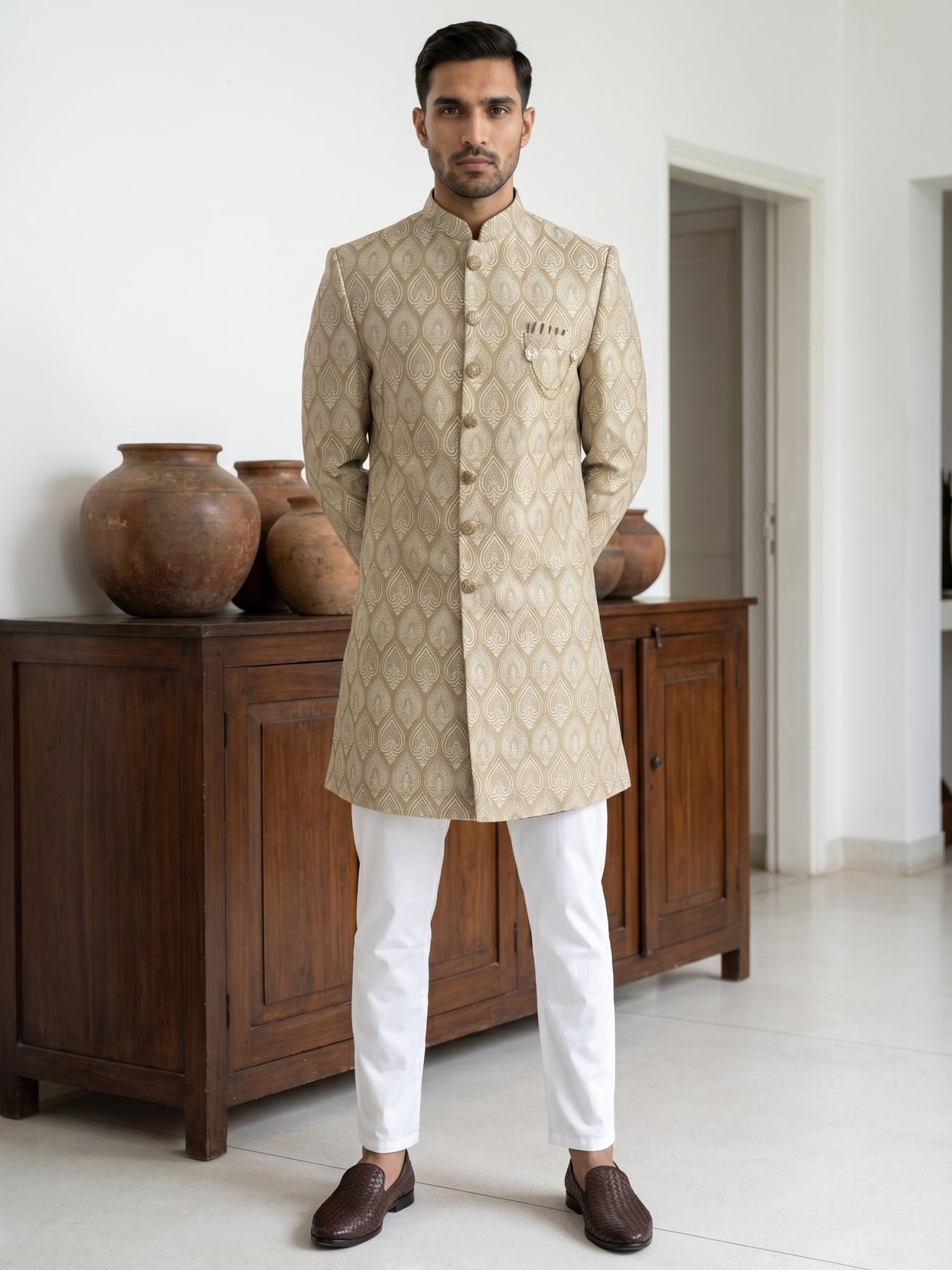 DesiQlo Men Self Design Indo Western Set - Beige - 50JIND_PJ5W_180Beig