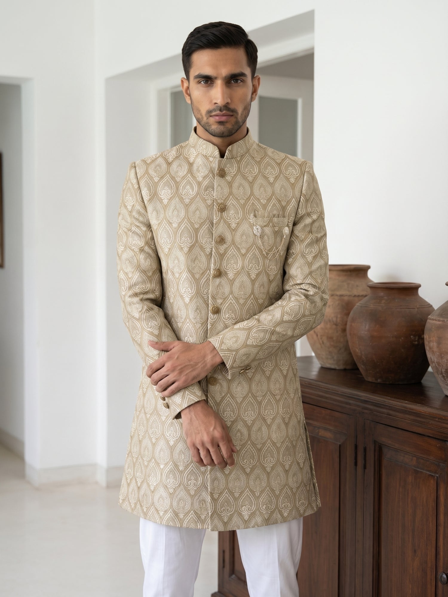 DesiQlo Men Self Design Indo Western Set - Beige - 50JIND_PJ5W_180Beig