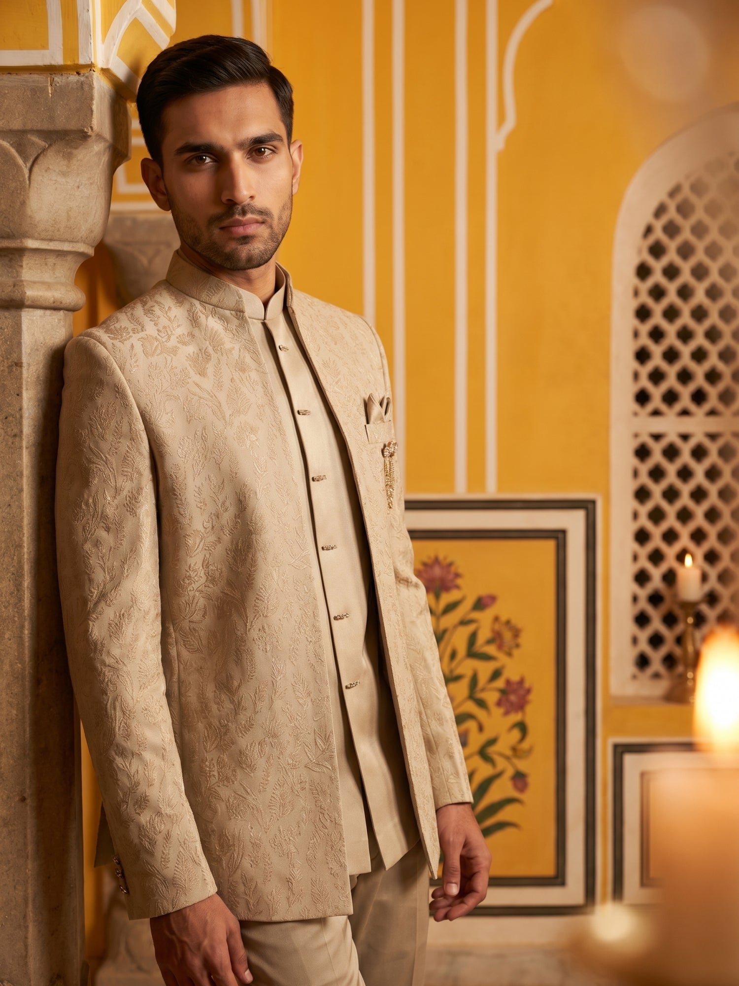 DesiQlo Men Self Design Indo Western Set - Beige - 50JIND_181Beige_S
