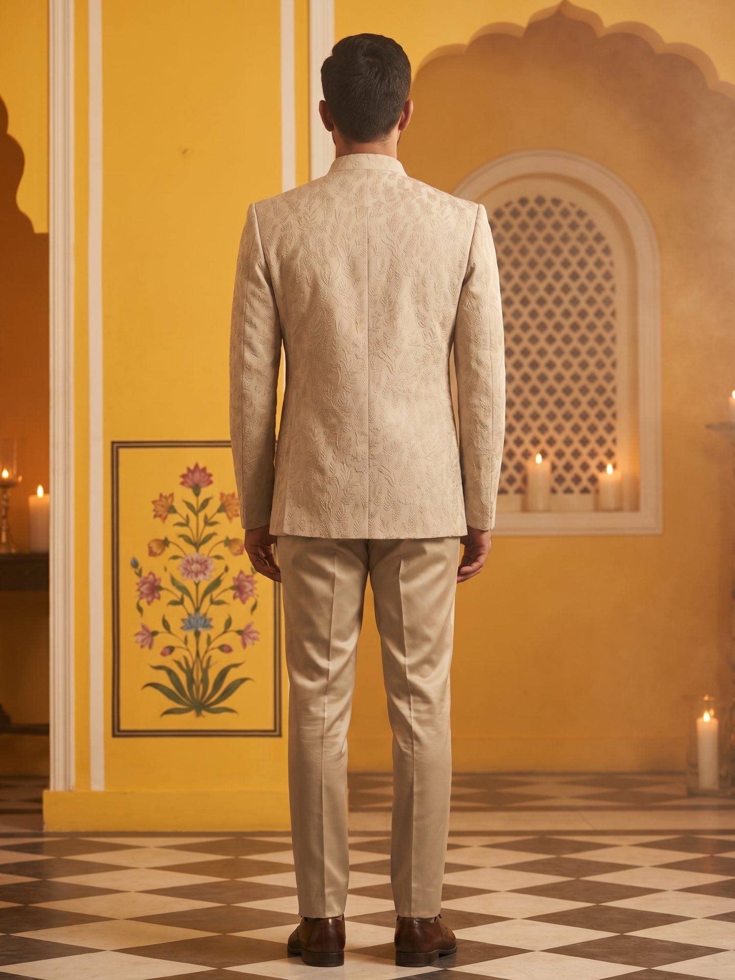 DesiQlo Men Self Design Indo Western Set - Beige - 50JIND_181Beige_S