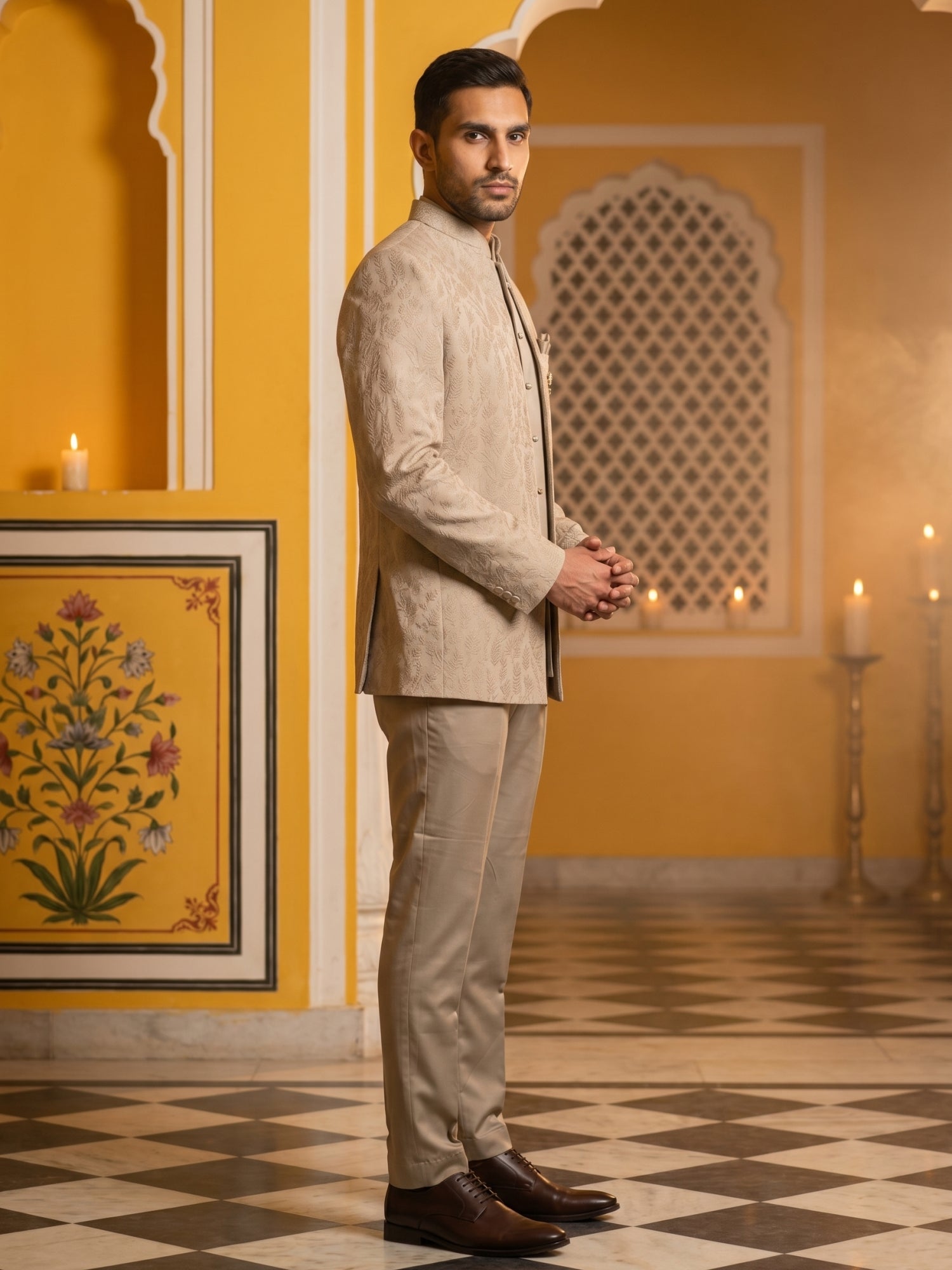 DesiQlo Men Self Design Indo Western Set - Beige - 50JIND_181Beige_S