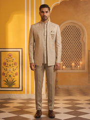 Classic Woven Jacquard Indo-Western Set ( 50JIND 181Beige )