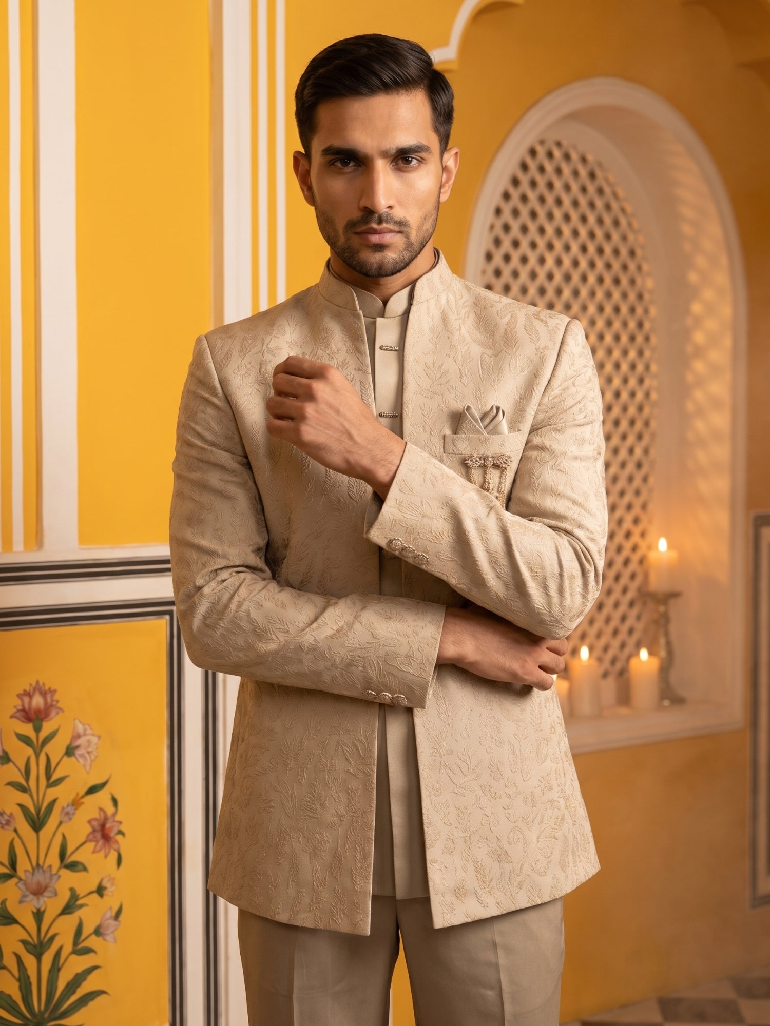 DesiQlo Men Self Design Indo Western Set - Beige - 50JIND_181Beige_S