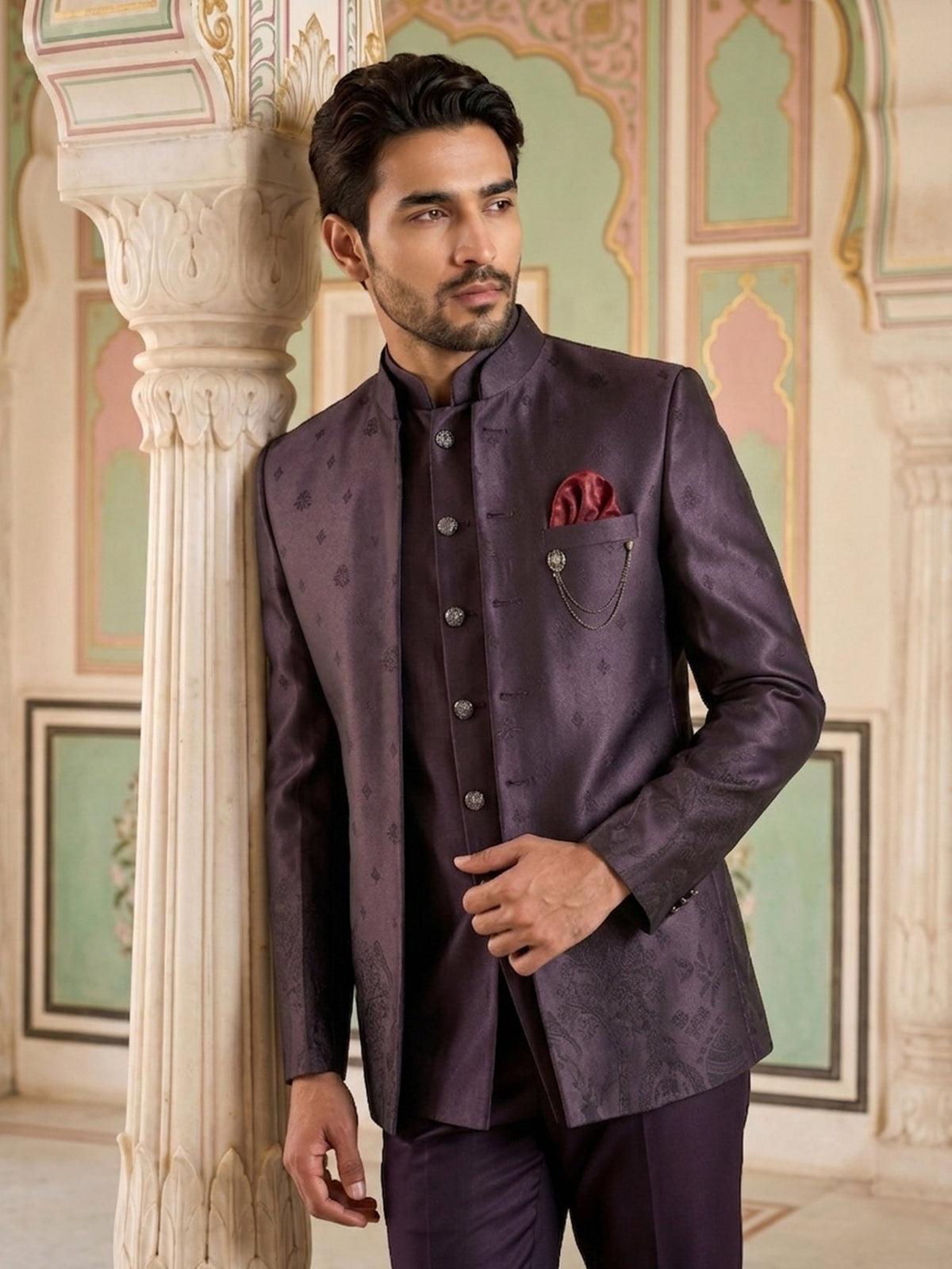 Men Woven Design Indo-Western Set ( 50JIND 182Purple )