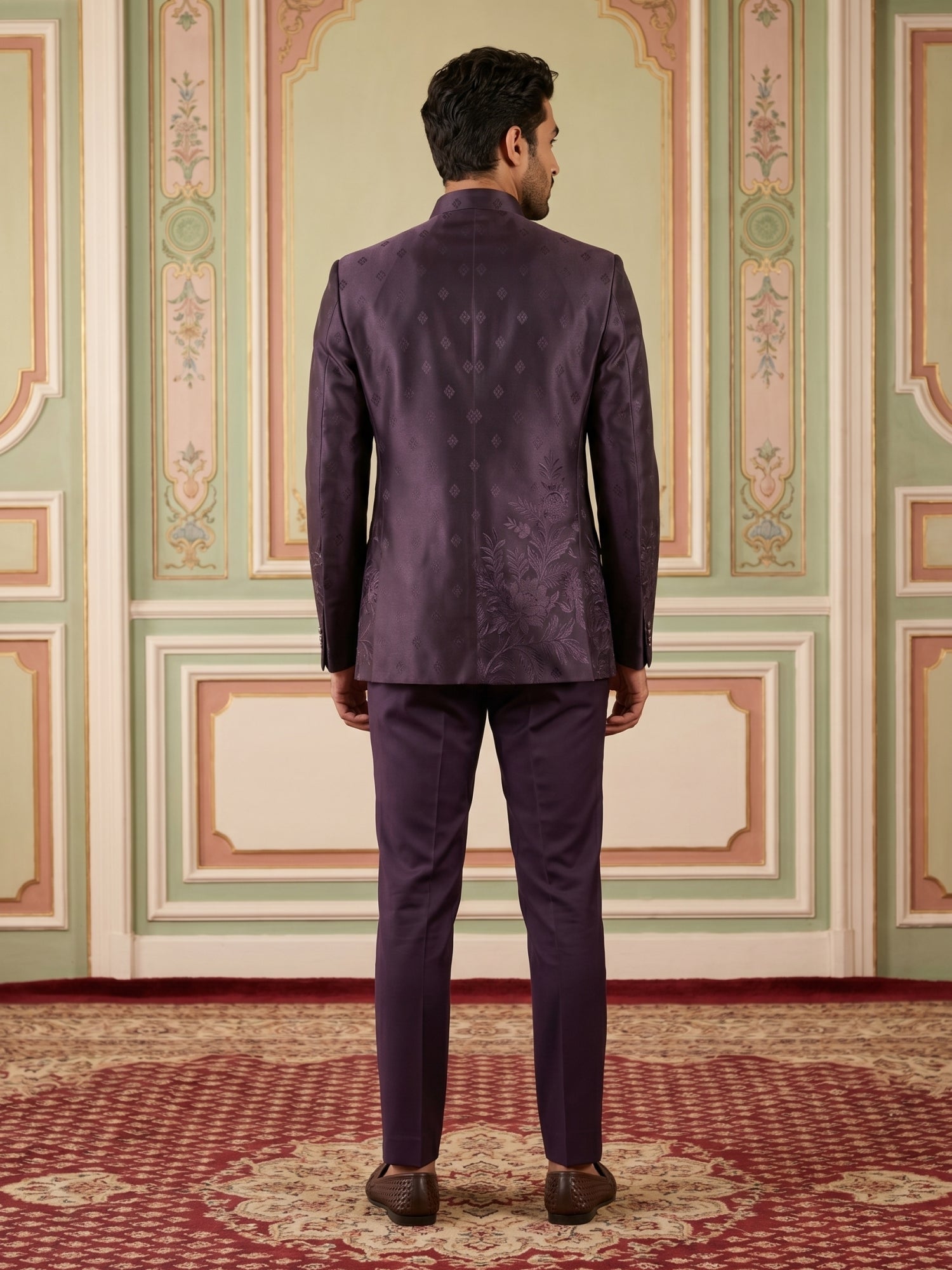 DesiQlo Men Self Design Indo Western Set - Purple - 50JIND_182Purple_S