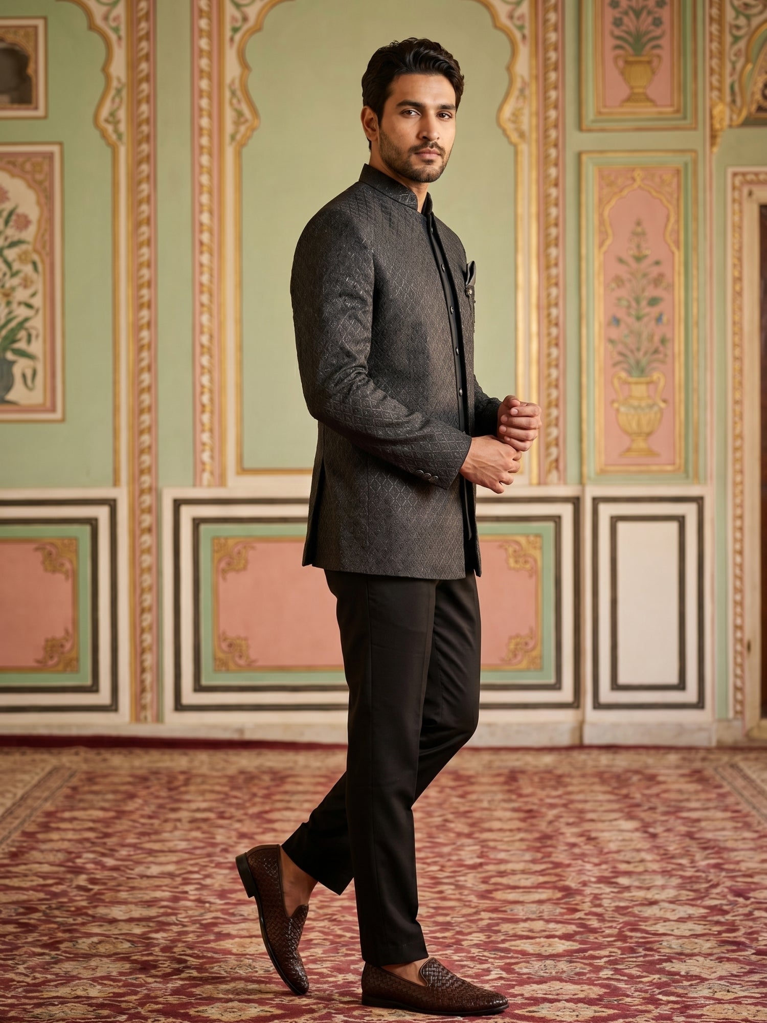 DesiQlo Men Self Design Indo Western Set - Black - 50JIND_183Black_S