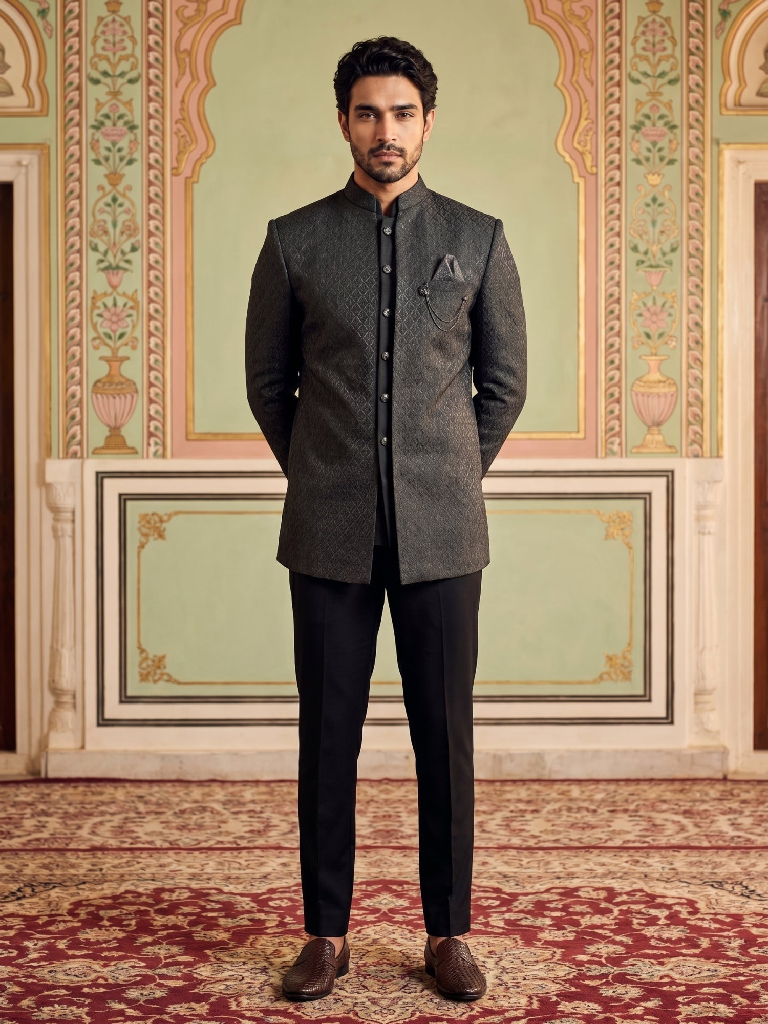DesiQlo Men Self Design Indo Western Set - Black - 50JIND_183Black_S