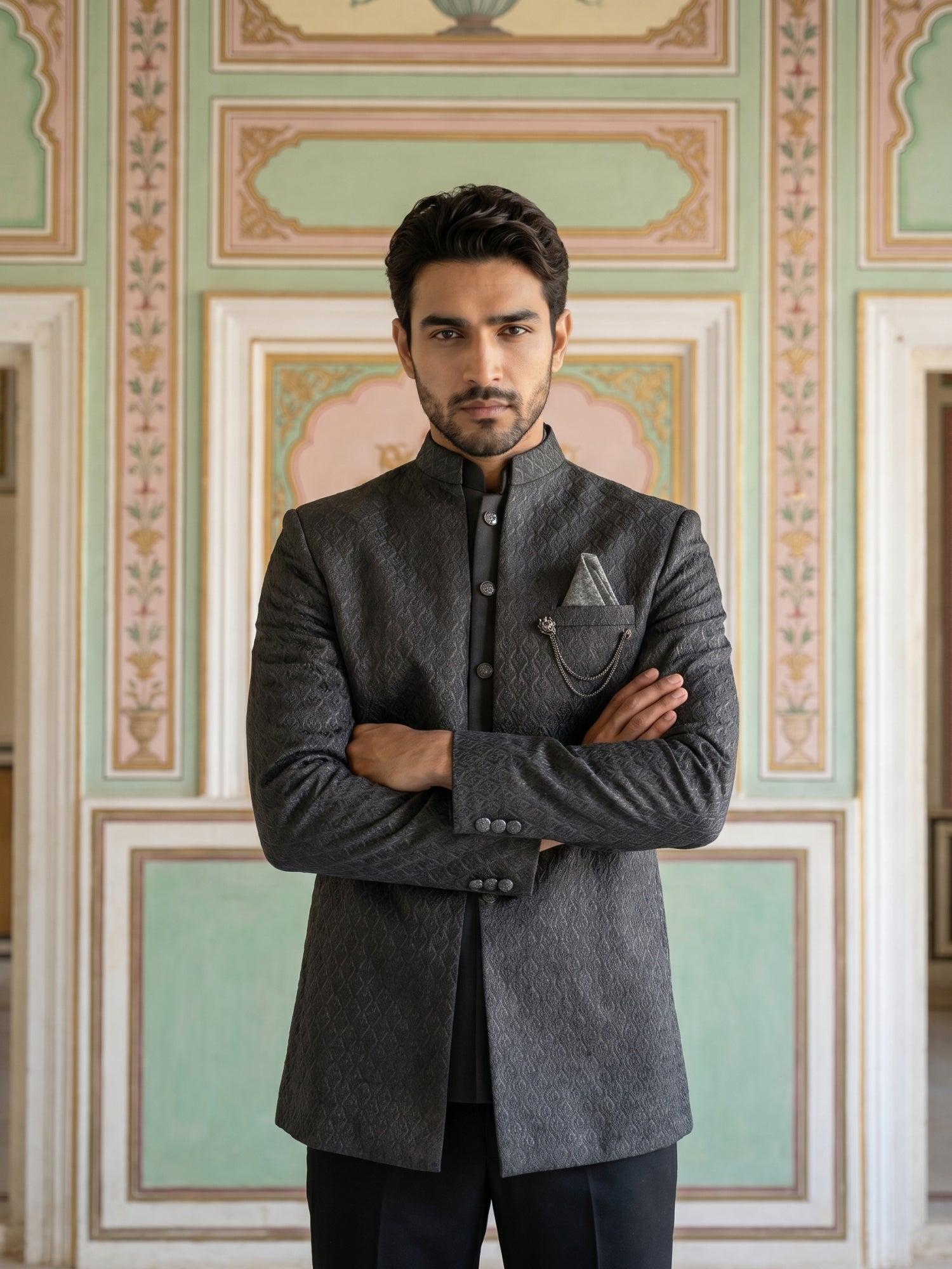 DesiQlo Men Self Design Indo Western Set - Black - 50JIND_183Black_S