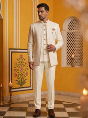 Cotton Blend Textured Indo-Western Set ( 50JIND 183Off-White )