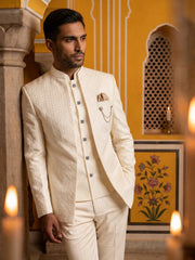 Cotton Blend Textured Indo-Western Set ( 50JIND 183Off-White )