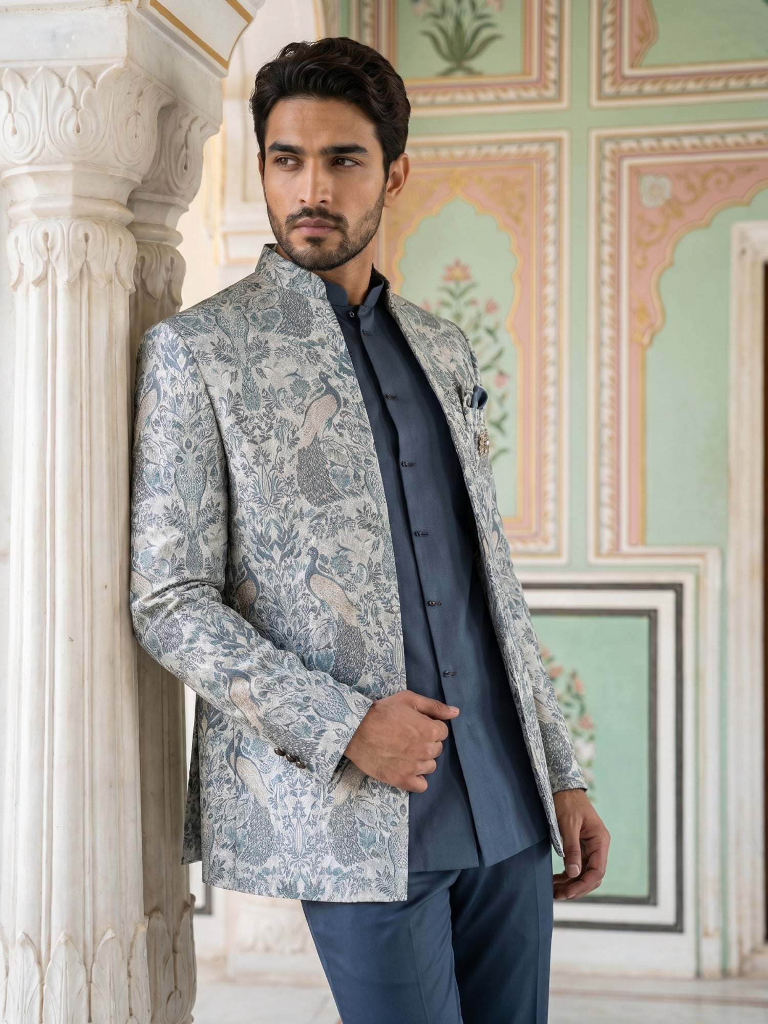 DesiQlo Men Self Design Indo Western Set - Blue - 50JIND_184Blue_S
