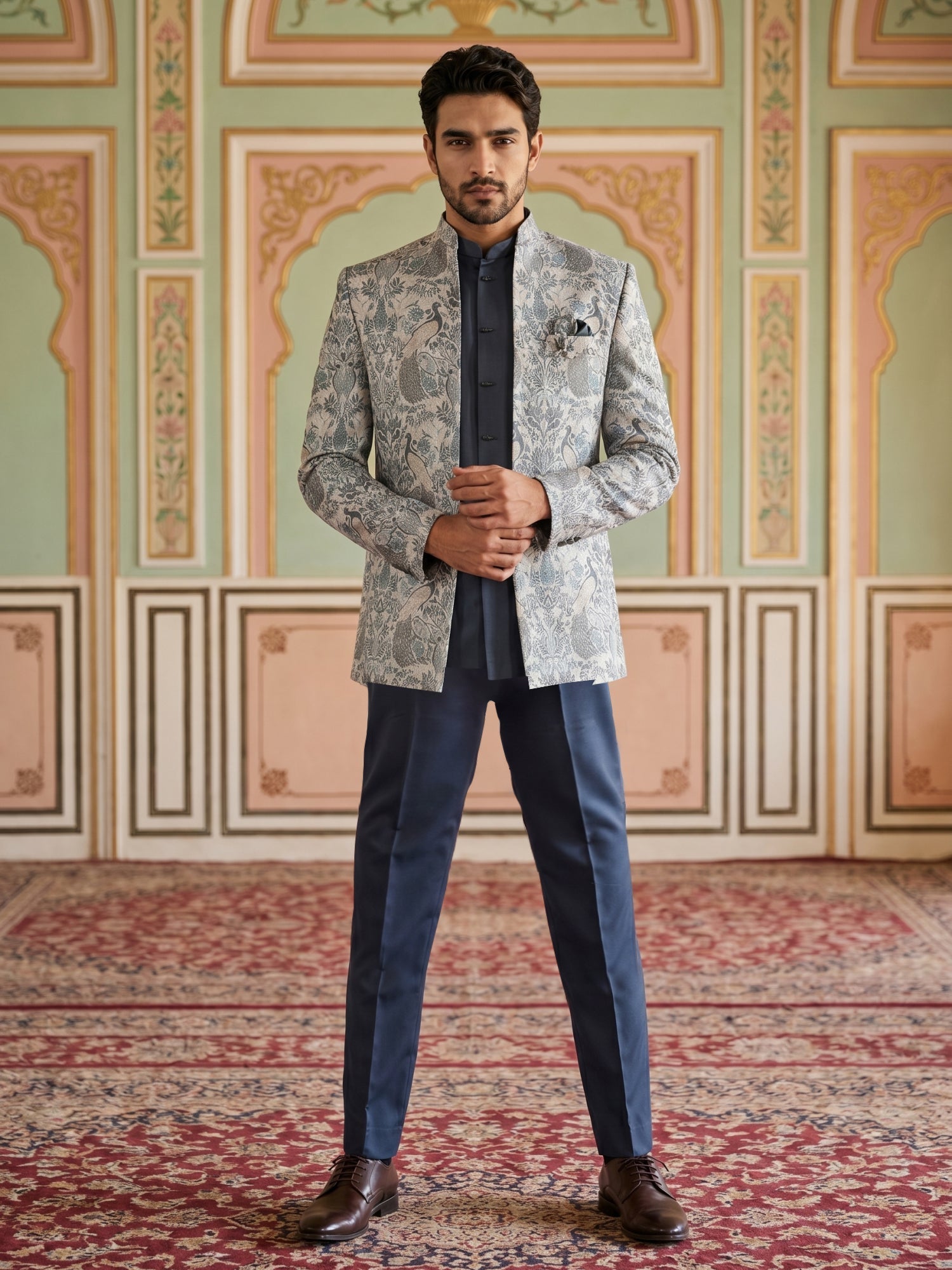 DesiQlo Men Self Design Indo Western Set - Blue - 50JIND_184Blue_S